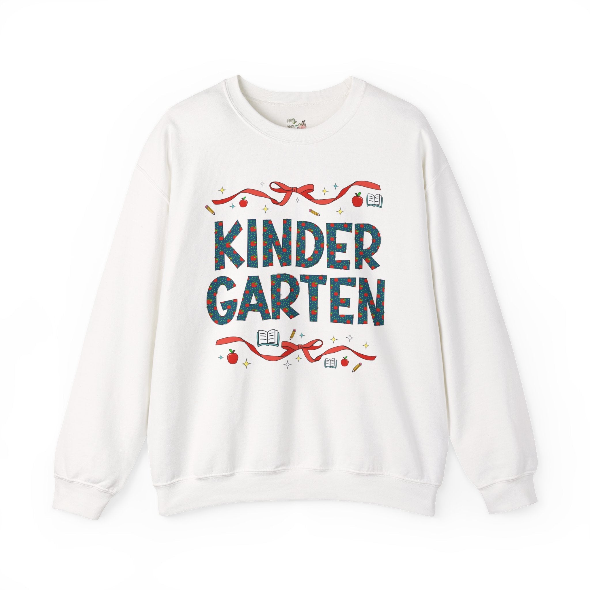 Kindergarten Teacher Sweatshirt with Cute Bows and Retro Apples, Teacher Team Crewneck for Back to School, First Day of School Matching Tee - Opal and June