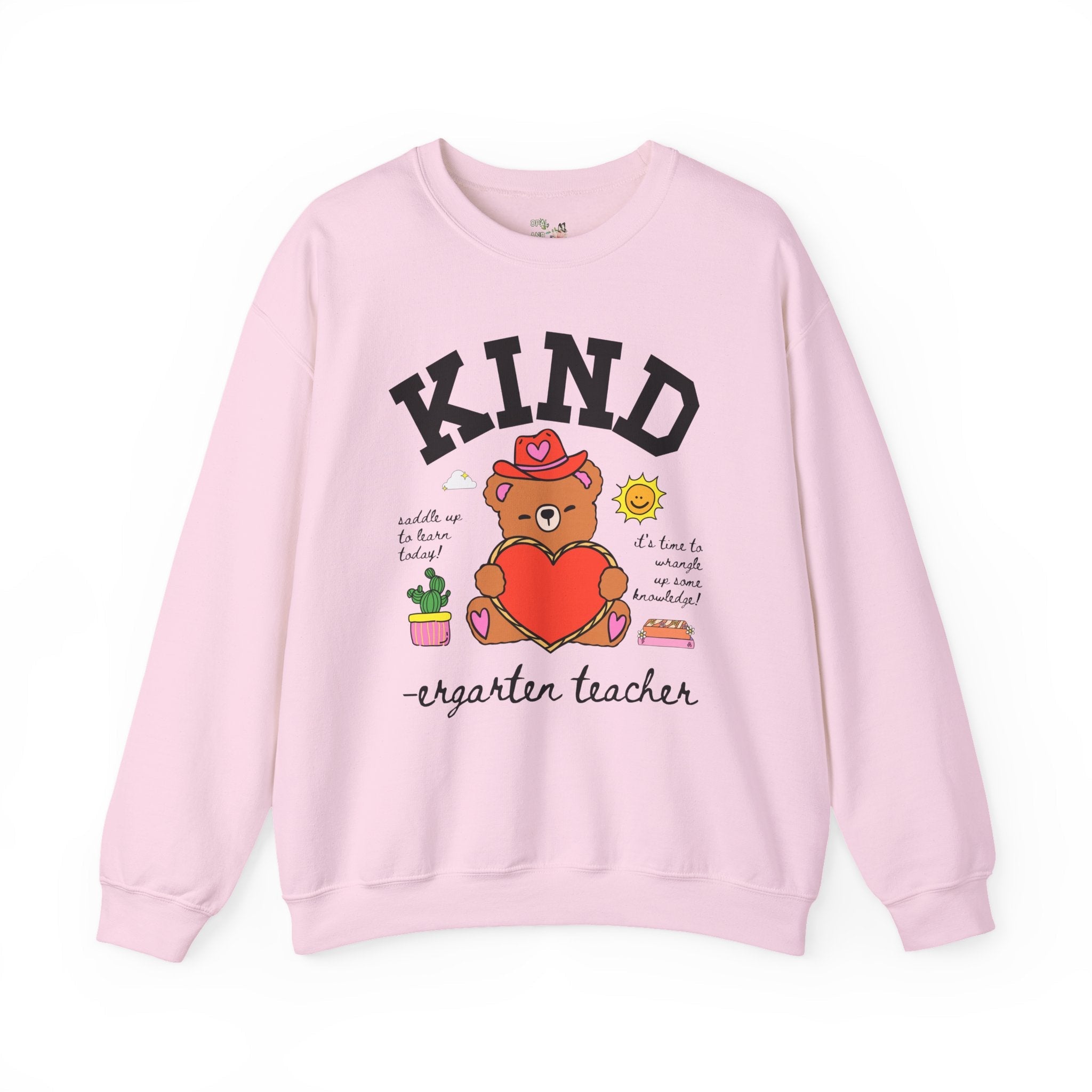 Kindergarten Teacher Sweatshirt with Cute Cottagecore Western Bear, Funny Saying Elementary School Kindergarten Crew, Matching Teacher Gift - Opal and June