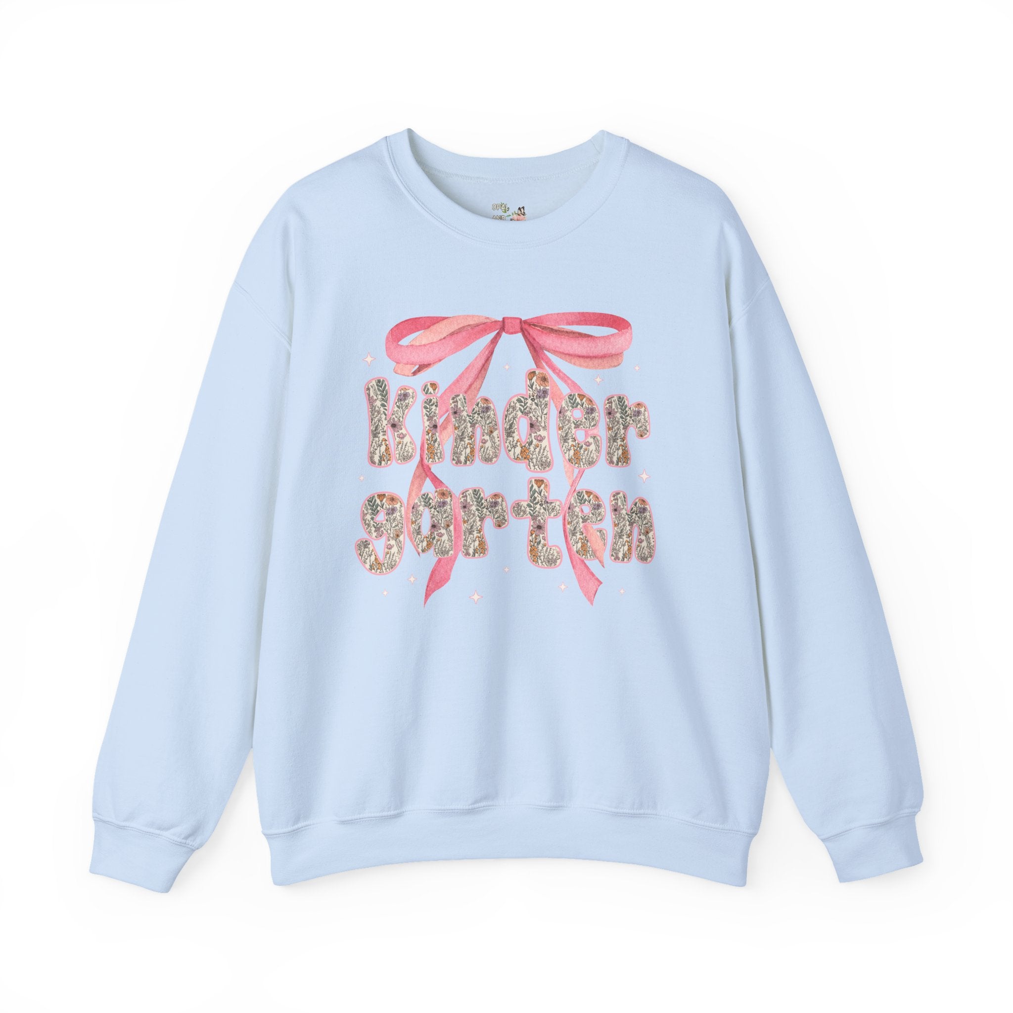 Kindergarten Teacher Sweatshirt with Cute Pink Bow, Teacher Team Crewneck for Back to School, Fairycore Floral Matching First Day of School - Opal and June