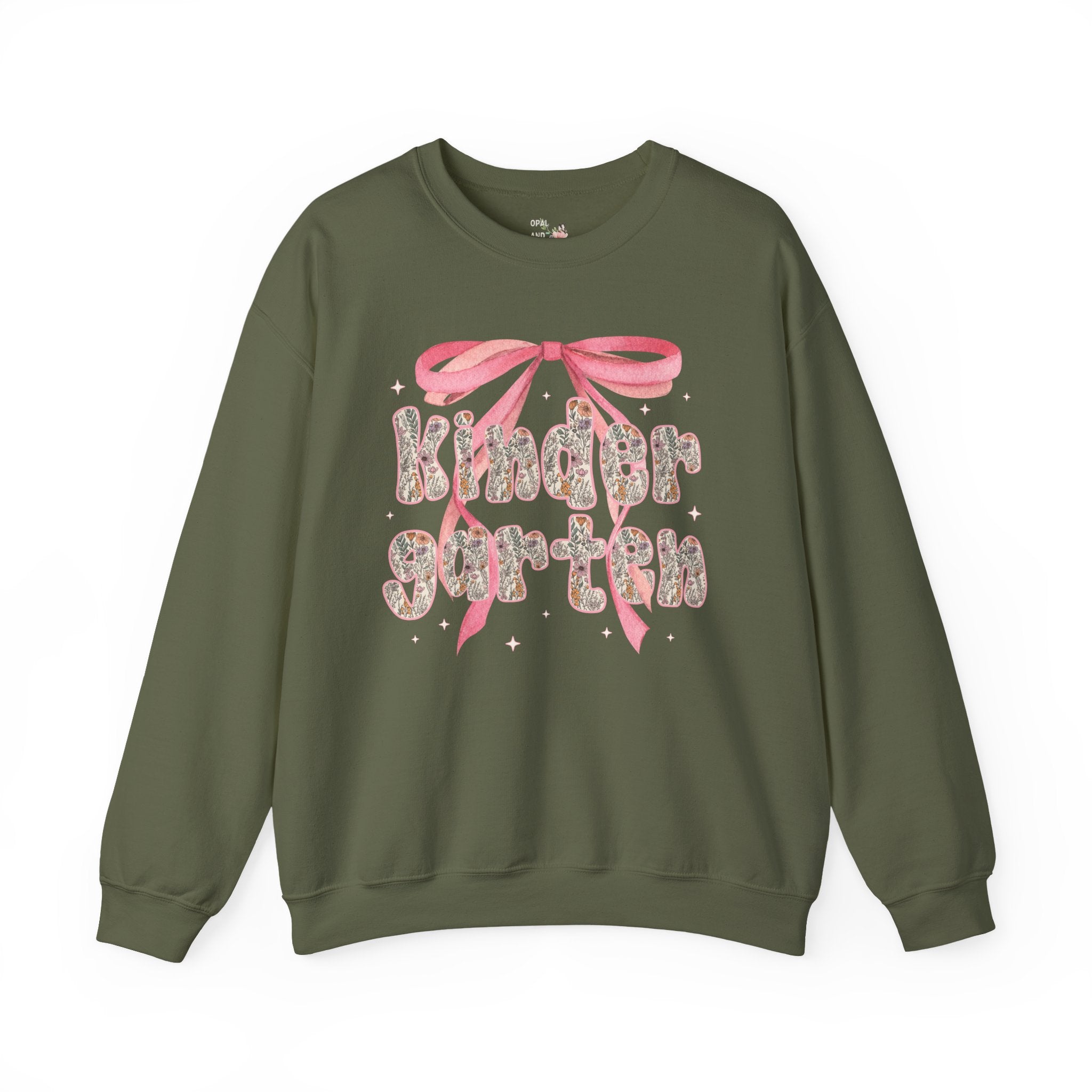 Kindergarten Teacher Sweatshirt with Cute Pink Bow, Teacher Team Crewneck for Back to School, Fairycore Floral Matching First Day of School - Opal and June