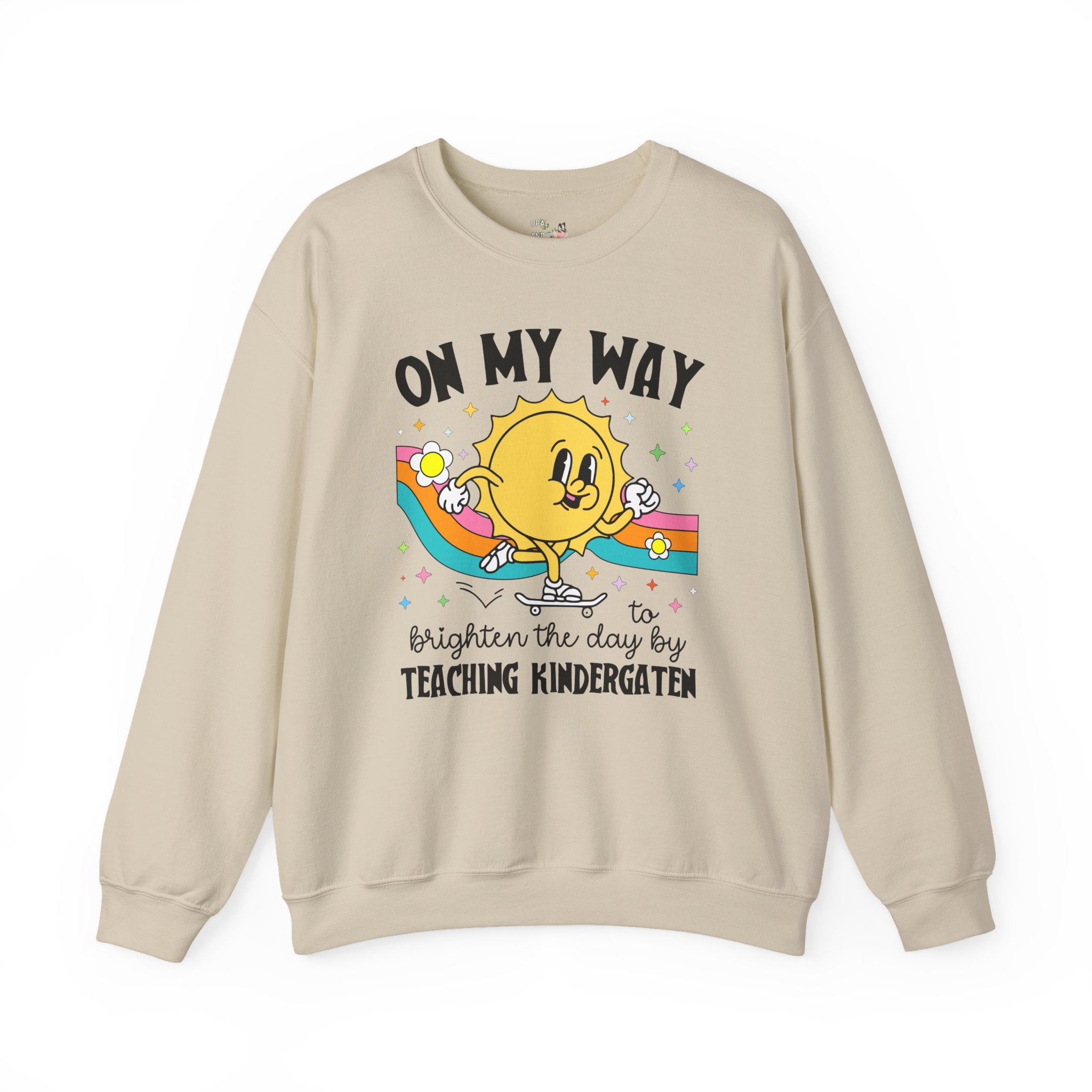 Kindergarten Teacher Sweatshirt with Sun on a Skateboard, Funny Kindergarten Crew Shirt, New Teaching Job Gift, Elementary Education Major - Opal and June