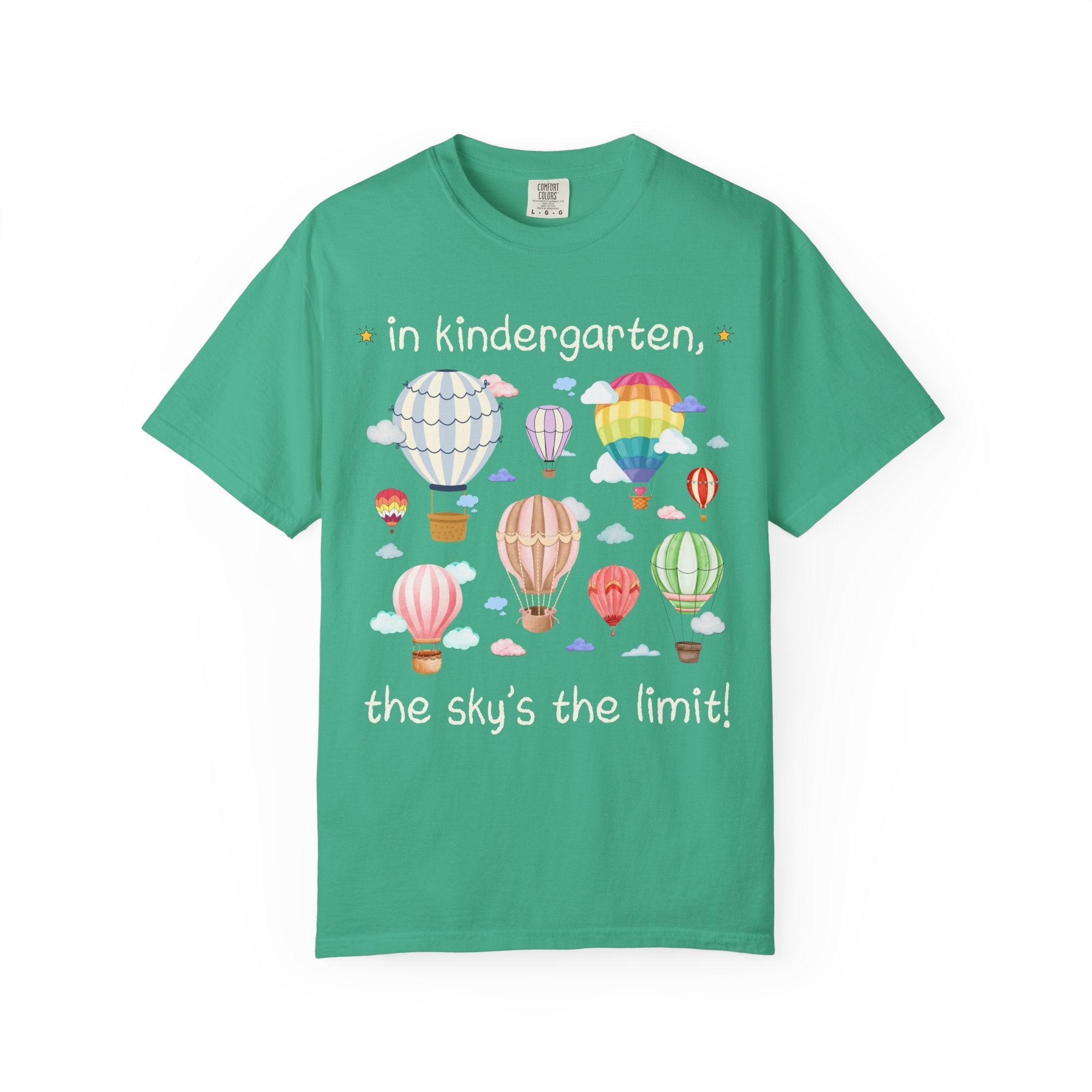 Kindergarten Teacher T-Shirt with Cute Retro Hot Air Balloons, Uplifting Colorful Maximalist Back to School Matching Teacher Tee with Clouds - Opal and June
