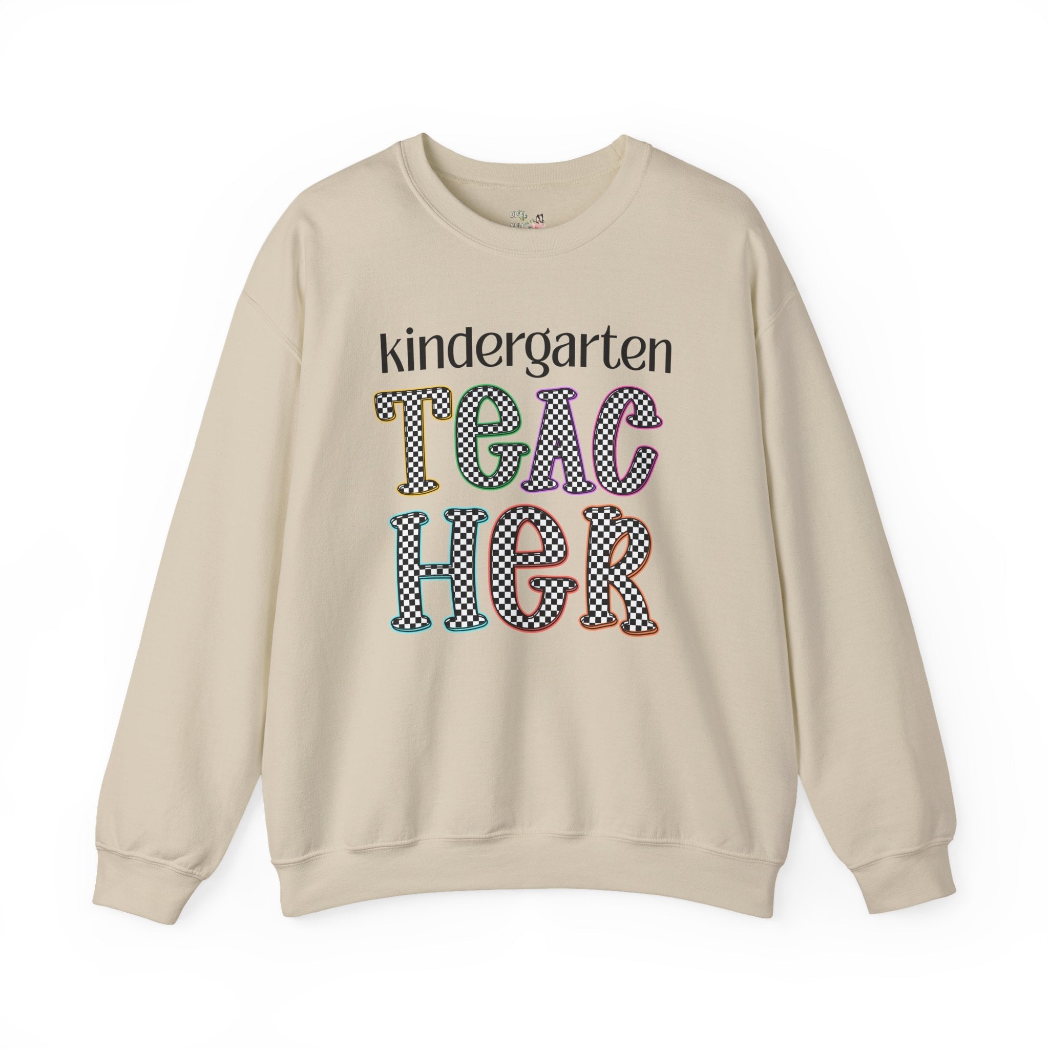 Kindergarten Teacher Team Sweatshirt for Back to School, Cute First Day of School Teacher Shirt with Retro Groovy Vibe, Matching Teacher Tee - Opal and June