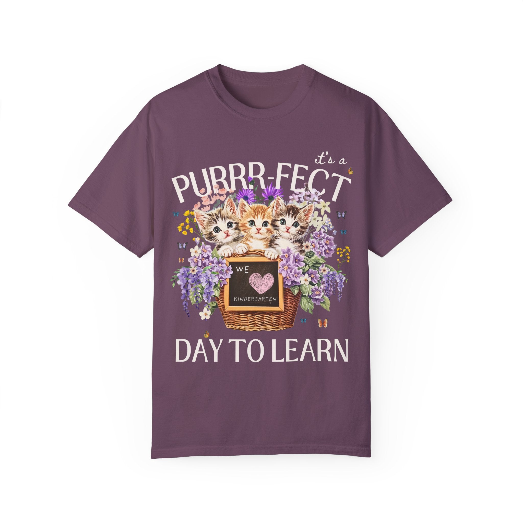 Kindergarten Teacher Tee Shirt for Kindergarten Crew Who Loves Cats: Purrr - fect Day to Learn, 90s Throwback Colorful Maximalist Animal Tee - Opal and June