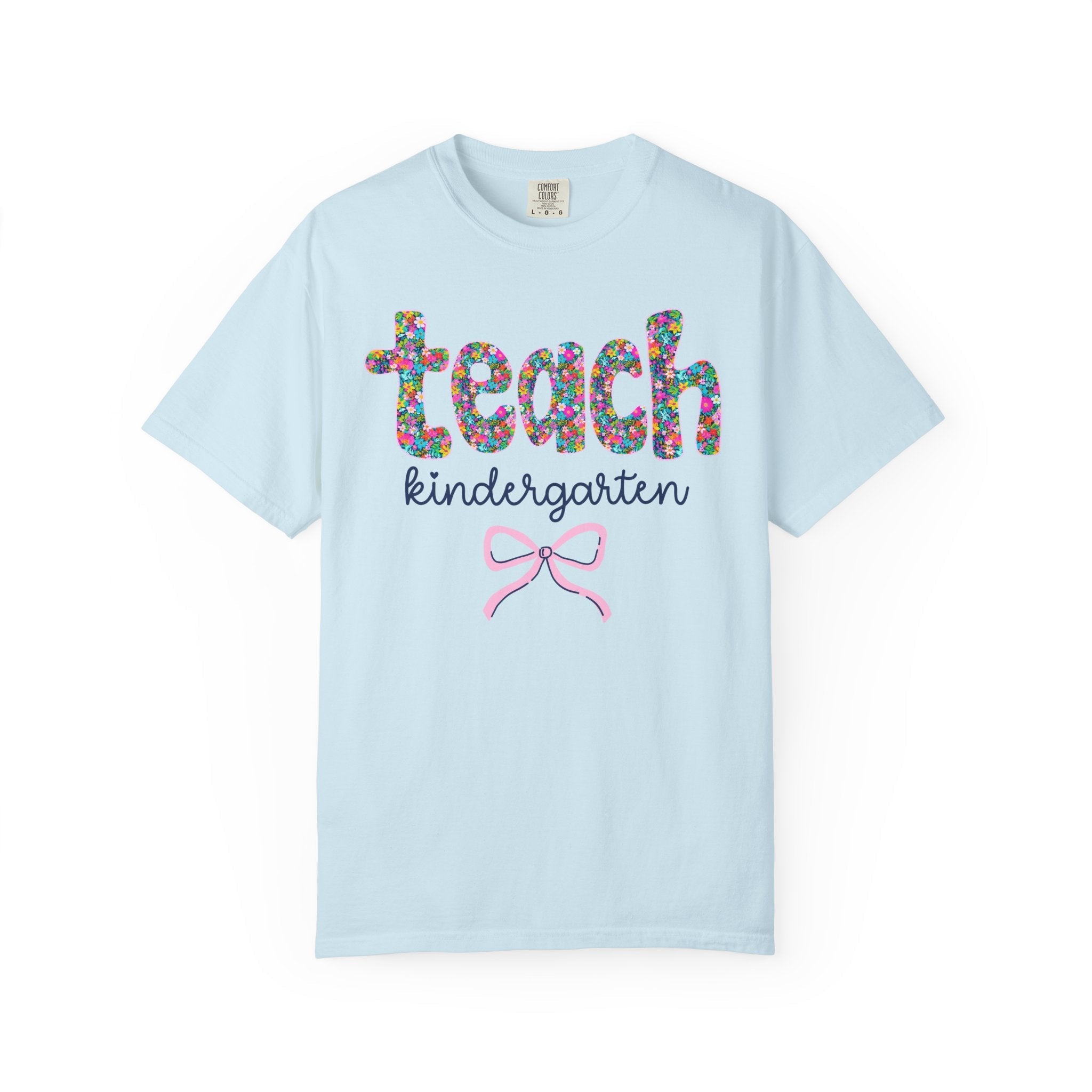 Kindergarten Teacher Tee Shirt with Colorful Flowers and Bow, Teacher Team Tee for Back to School, New Teacher Gift, Teacher Appreciation - Opal and June