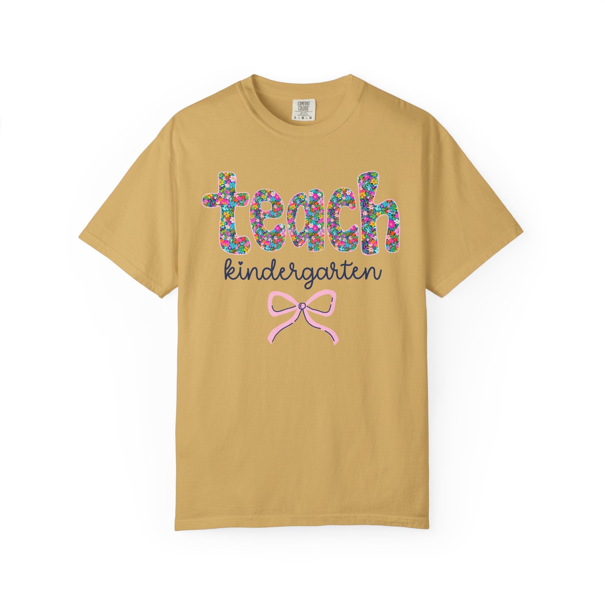 Kindergarten Teacher Tee Shirt with Colorful Flowers and Bow, Teacher Team Tee for Back to School, New Teacher Gift, Teacher Appreciation - Opal and June