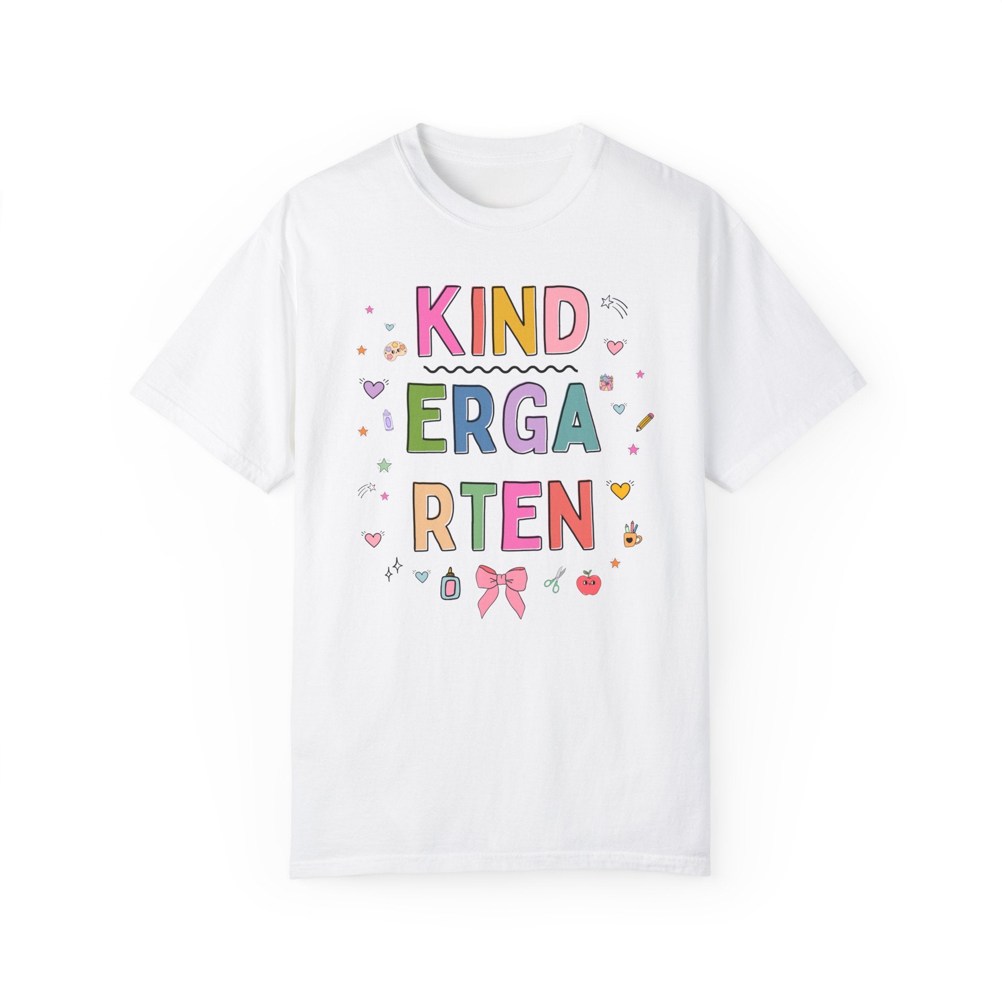 Kindergarten Teacher Tee Shirt with Cute 90s Aesthetic Doodles, Colorful Matching Teacher T-Shirt for Kindergarten Crew, New Teacher Present - Opal and June