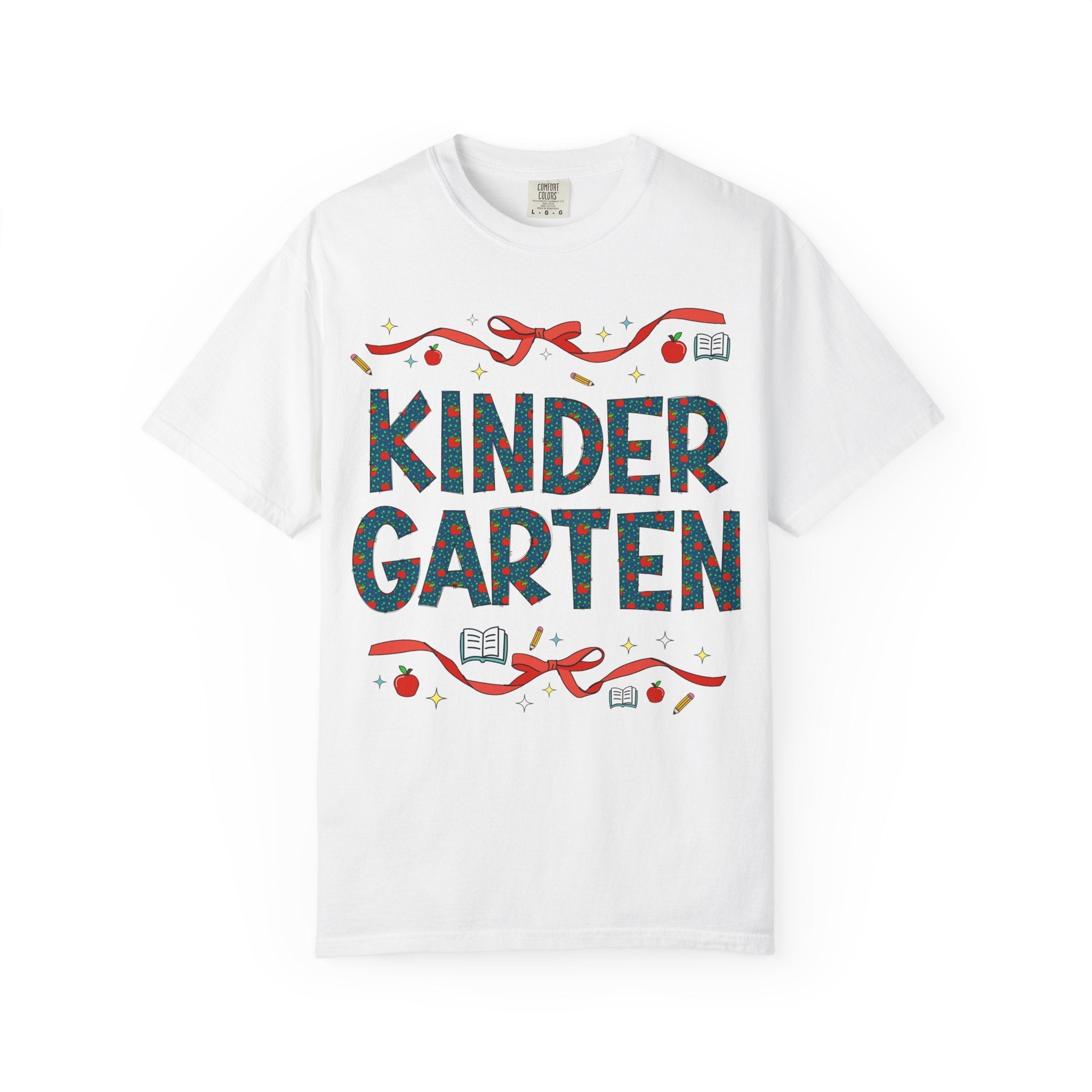 Kindergarten Teacher Tee Shirt with Cute Bows and Retro Apples, Teacher Team T-Shirt for Back to School, First Day of School Matching Tee - Opal and June