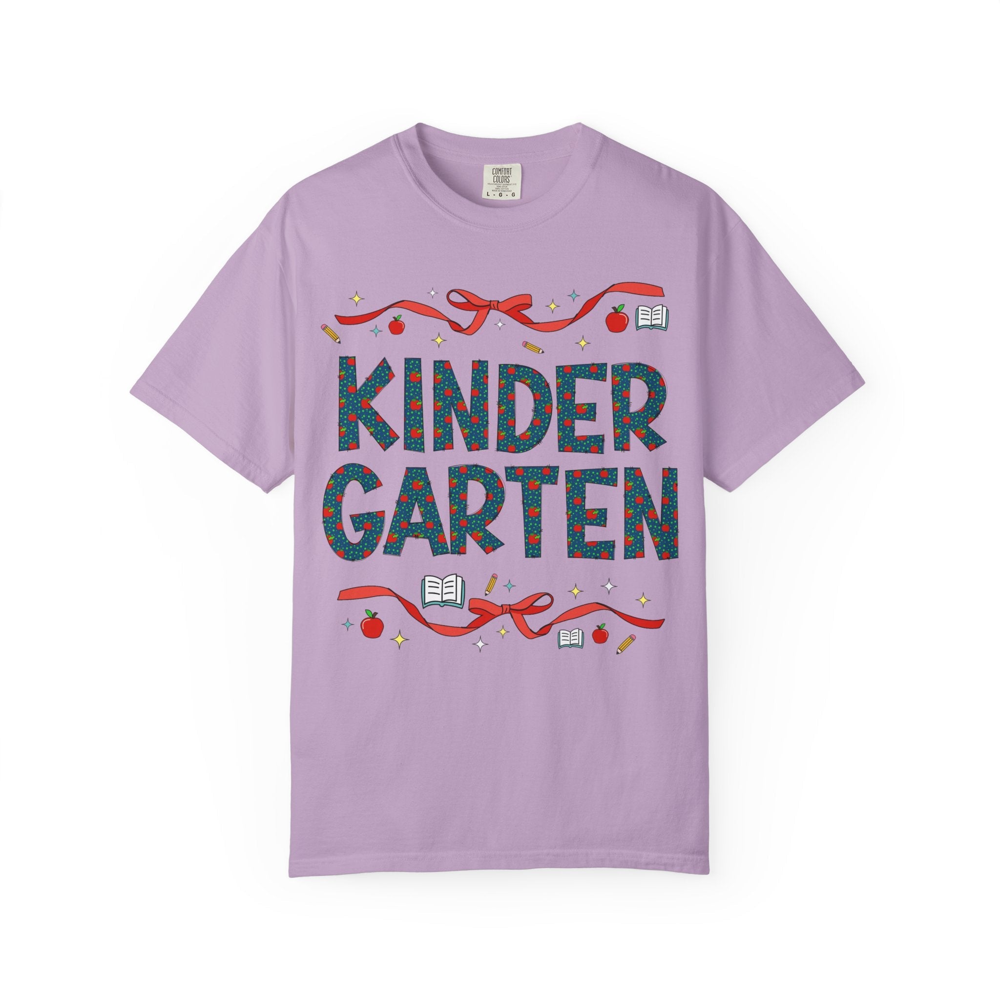 Kindergarten Teacher Tee Shirt with Cute Bows and Retro Apples, Teacher Team T-Shirt for Back to School, First Day of School Matching Tee - Opal and June