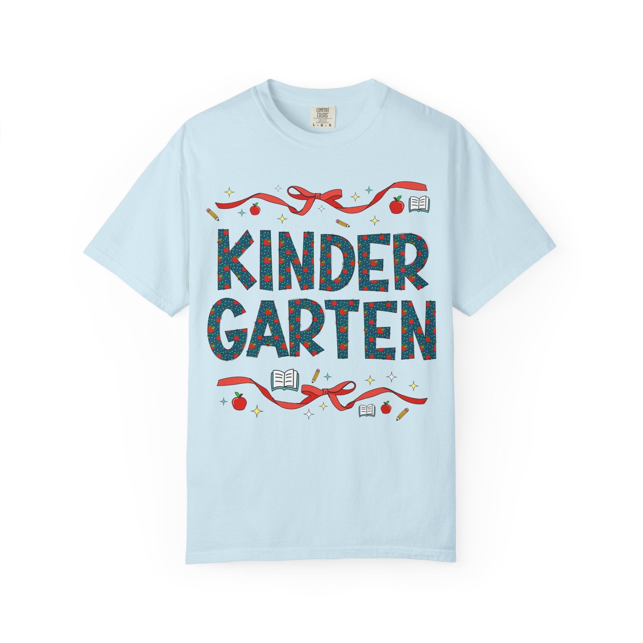 Kindergarten Teacher Tee Shirt with Cute Bows and Retro Apples, Teacher Team T-Shirt for Back to School, First Day of School Matching Tee - Opal and June