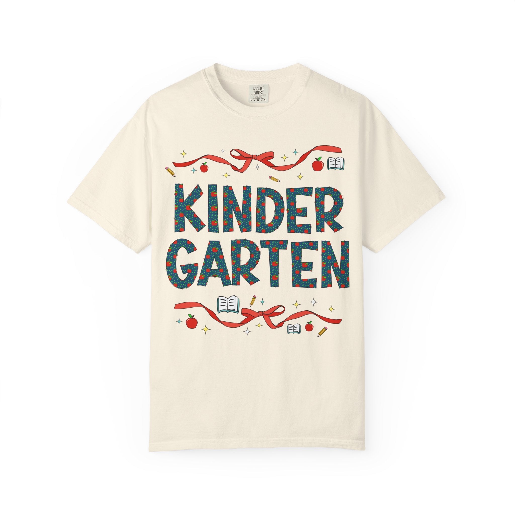 Kindergarten Teacher Tee Shirt with Cute Bows and Retro Apples, Teacher Team T-Shirt for Back to School, First Day of School Matching Tee - Opal and June