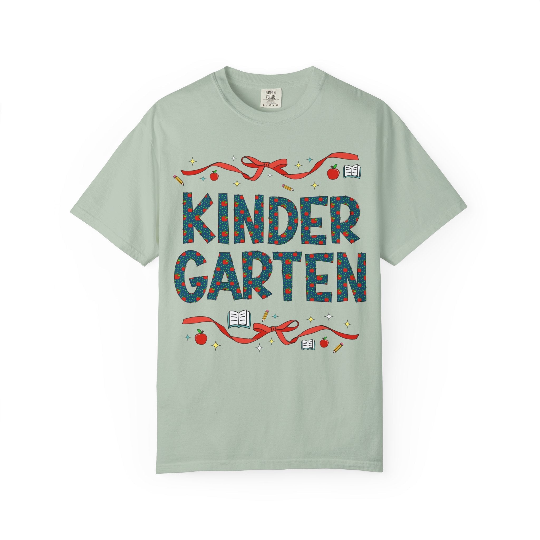Kindergarten Teacher Tee Shirt with Cute Bows and Retro Apples, Teacher Team T-Shirt for Back to School, First Day of School Matching Tee - Opal and June