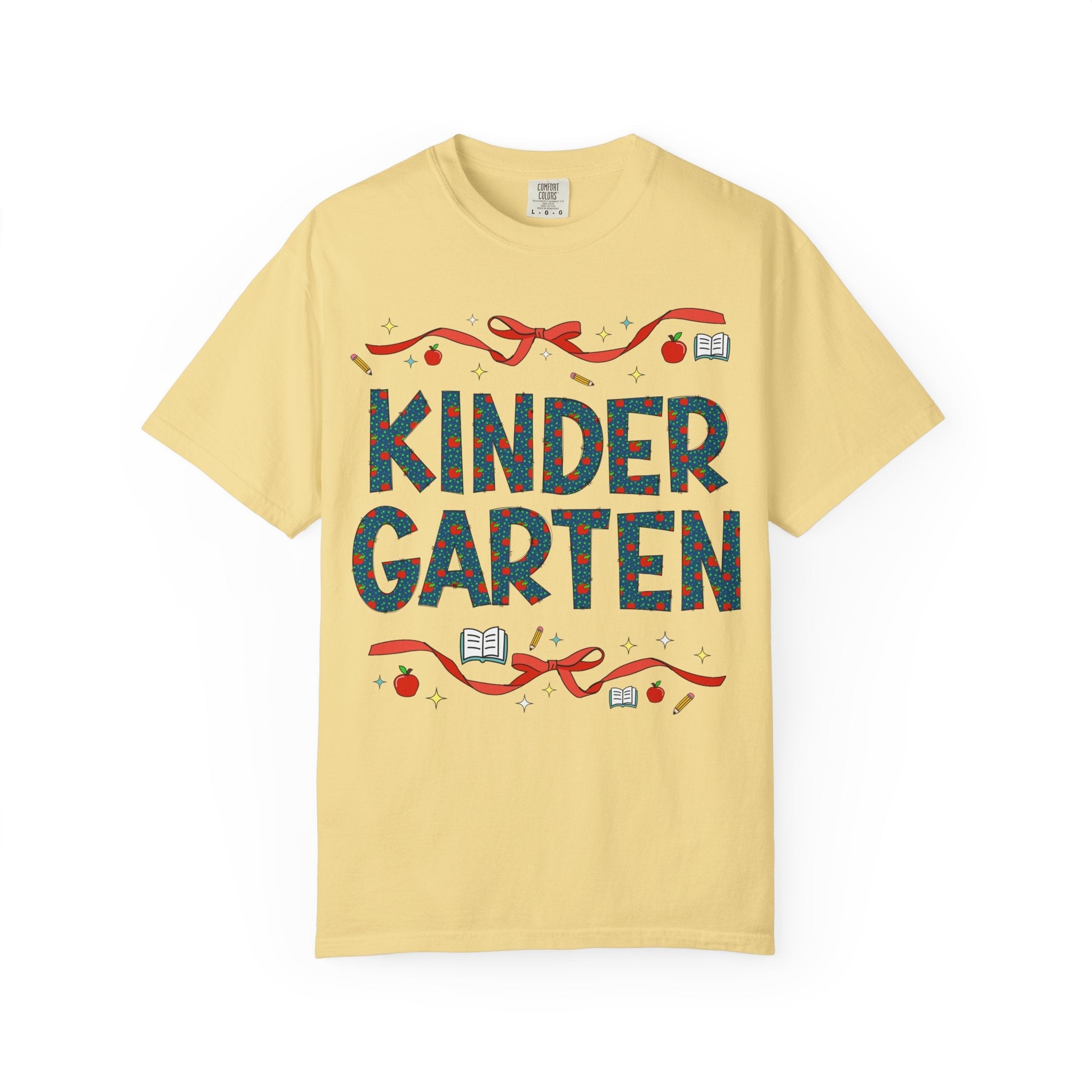 Kindergarten Teacher Tee Shirt with Cute Bows and Retro Apples, Teacher Team T-Shirt for Back to School, First Day of School Matching Tee - Opal and June