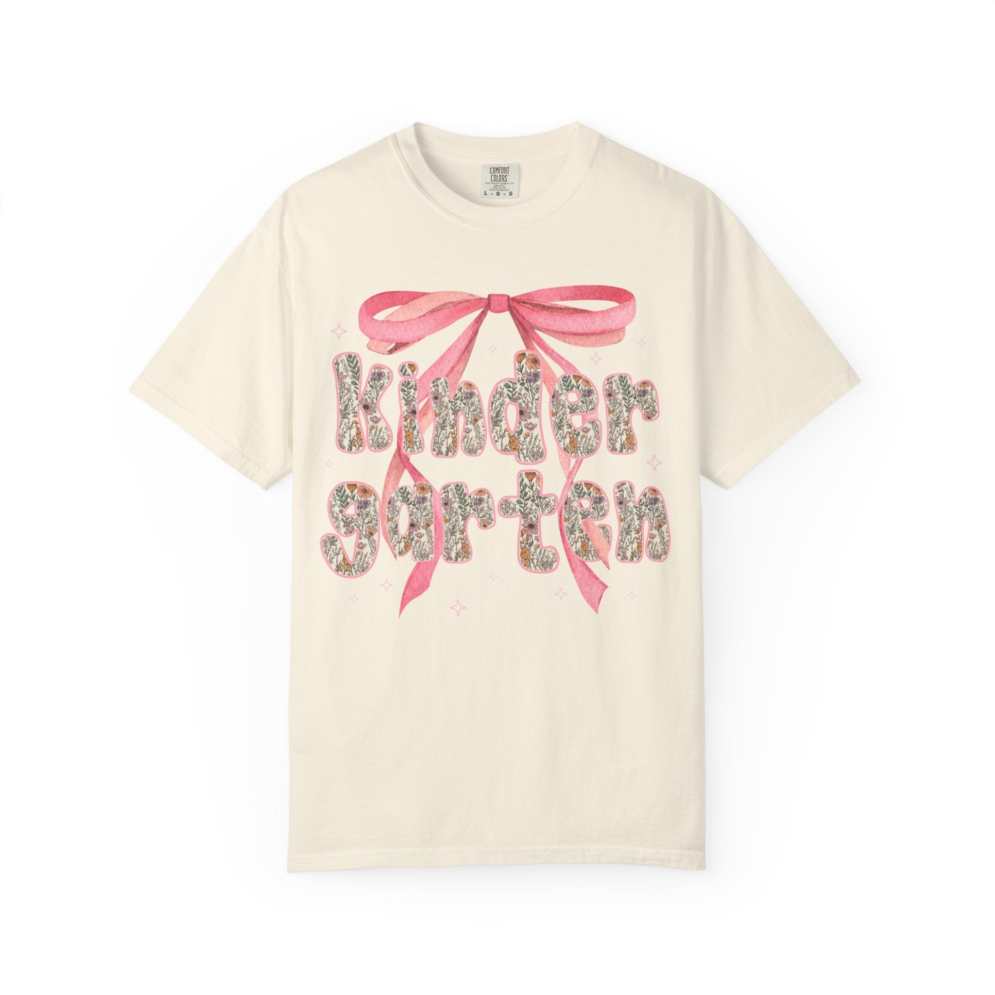 Kindergarten Teacher Tee Shirt with Cute Pink Bow, Teacher Team T-Shirt for Back to School, Fairycore Floral Matching First Day of School - Opal and June