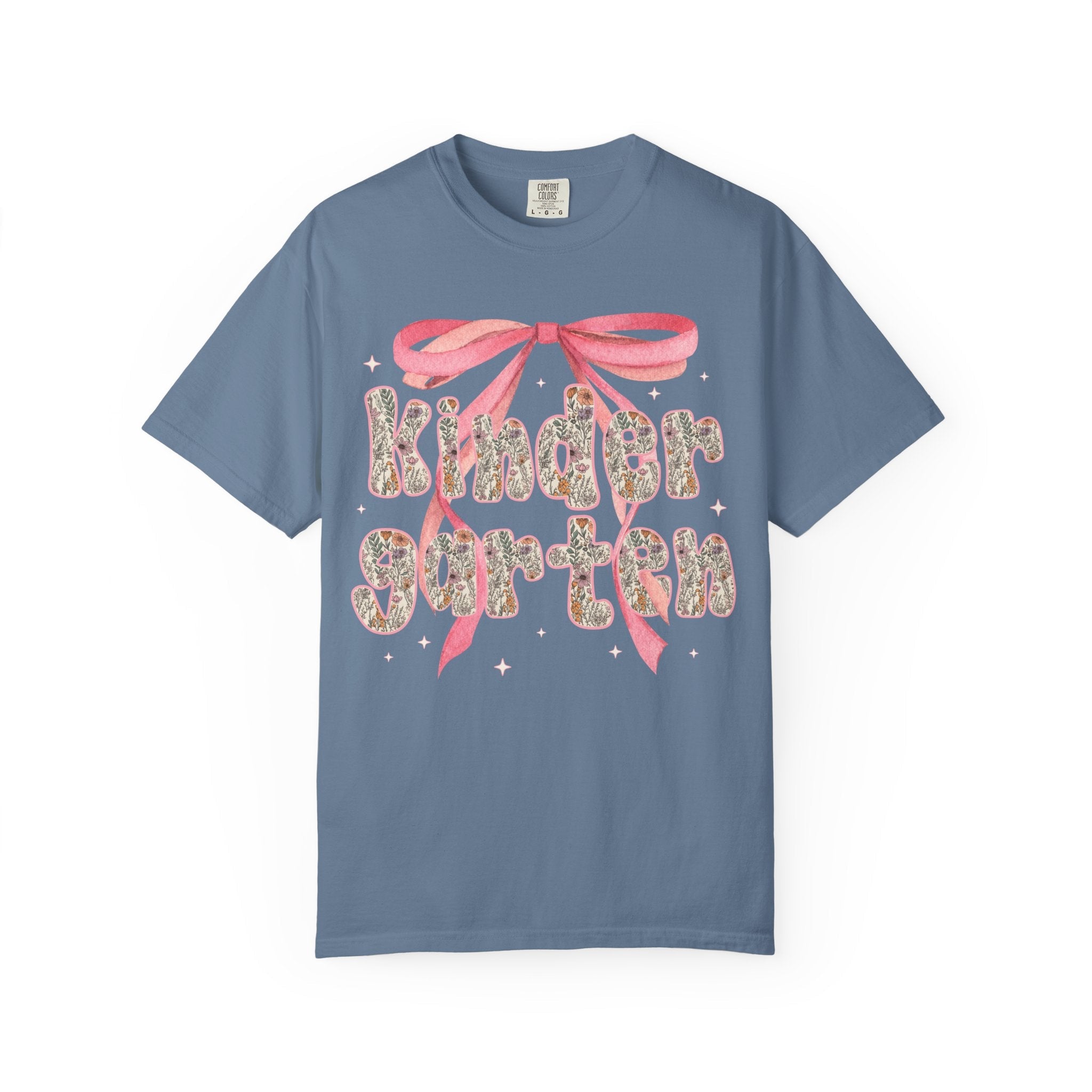 Kindergarten Teacher Tee Shirt with Cute Pink Bow, Teacher Team T-Shirt for Back to School, Fairycore Floral Matching First Day of School - Opal and June
