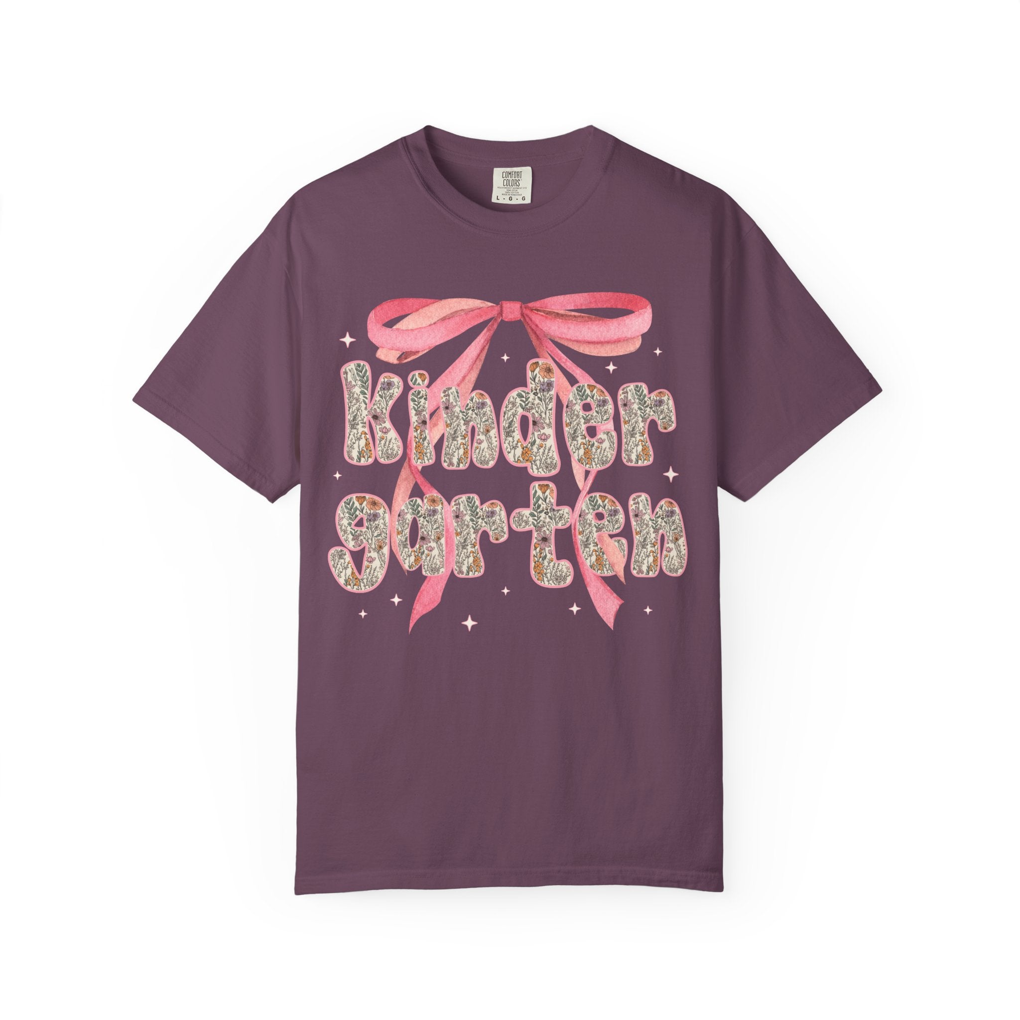 Kindergarten Teacher Tee Shirt with Cute Pink Bow, Teacher Team T-Shirt for Back to School, Fairycore Floral Matching First Day of School - Opal and June