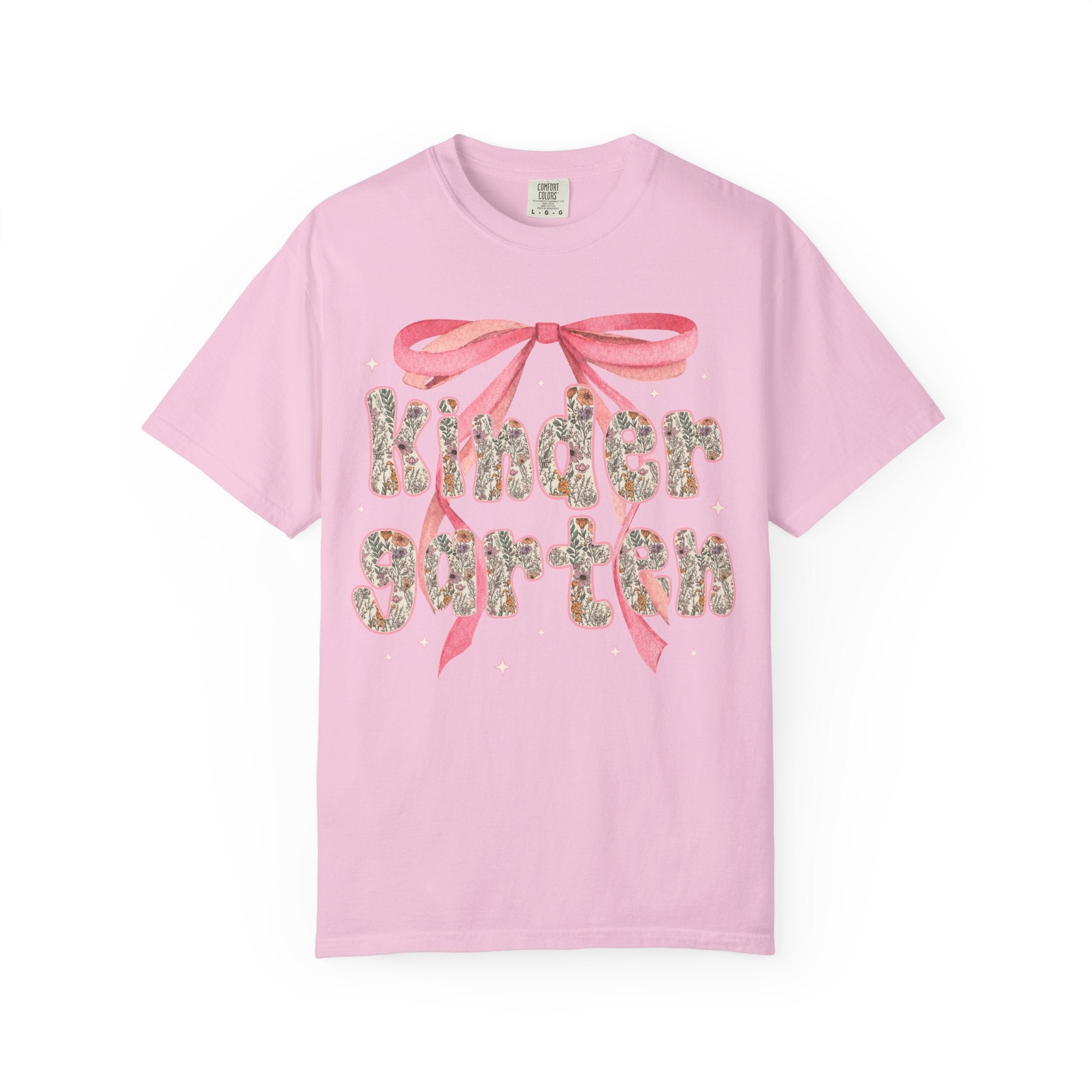 Kindergarten Teacher Tee Shirt with Cute Pink Bow, Teacher Team T-Shirt for Back to School, Fairycore Floral Matching First Day of School - Opal and June