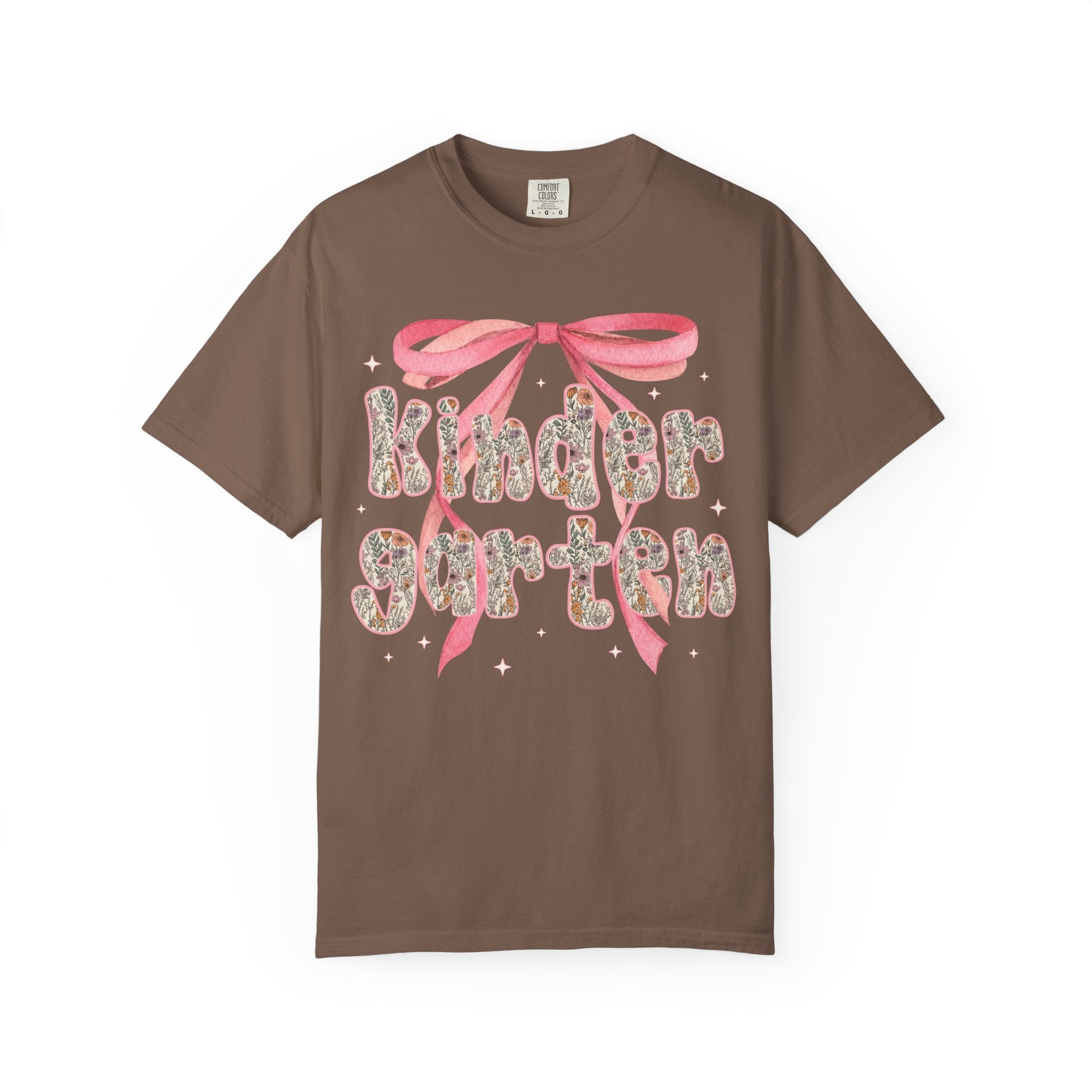 Kindergarten Teacher Tee Shirt with Cute Pink Bow, Teacher Team T-Shirt for Back to School, Fairycore Floral Matching First Day of School - Opal and June