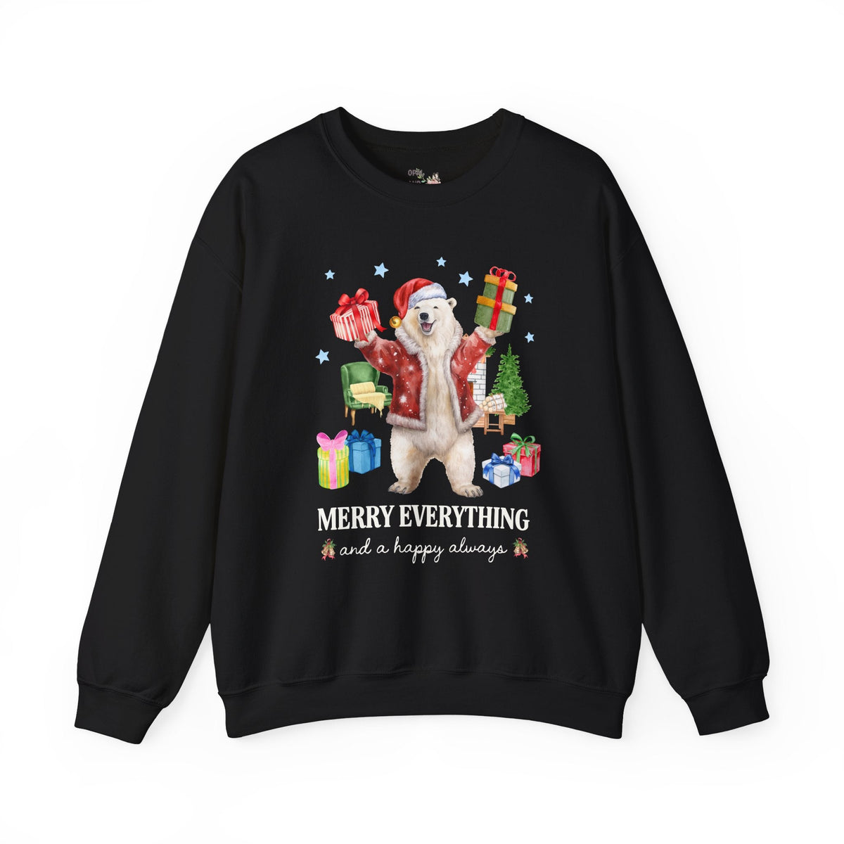 Kitschy Animal Lover Christmas Sweatshirt with Polar Bear Holding Presents: Merry Everything and a Happy Always, Silly Maximalist Xmas Crewneck - Opal and June
