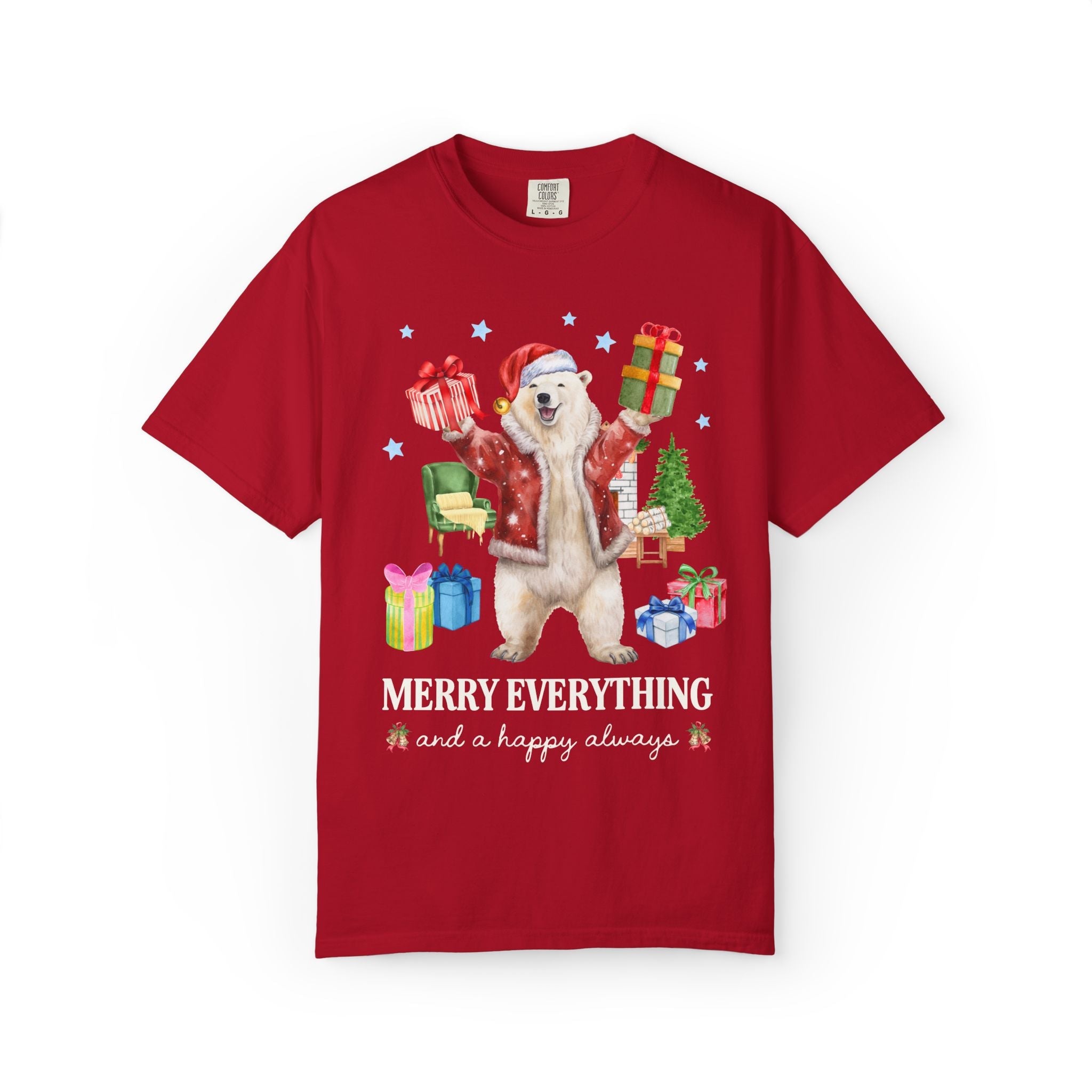 Kitschy Animal Lover Christmas Tee Shirt with Polar Bear Holding Presents: Merry Everything and a Happy Always, Silly Maximalist Xmas Tee - Opal and June