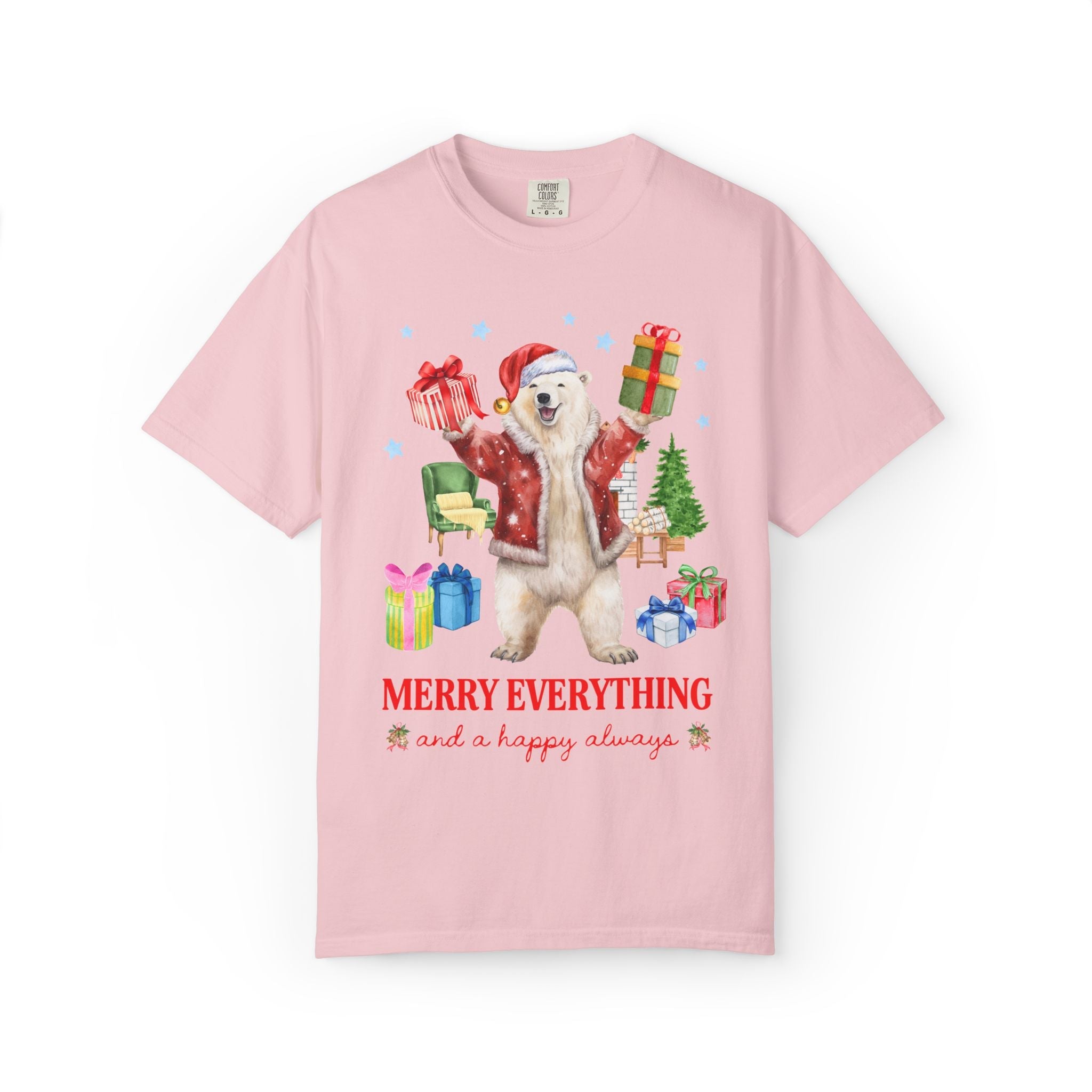 Kitschy Animal Lover Christmas Tee Shirt with Polar Bear Holding Presents: Merry Everything and a Happy Always, Silly Maximalist Xmas Tee - Opal and June