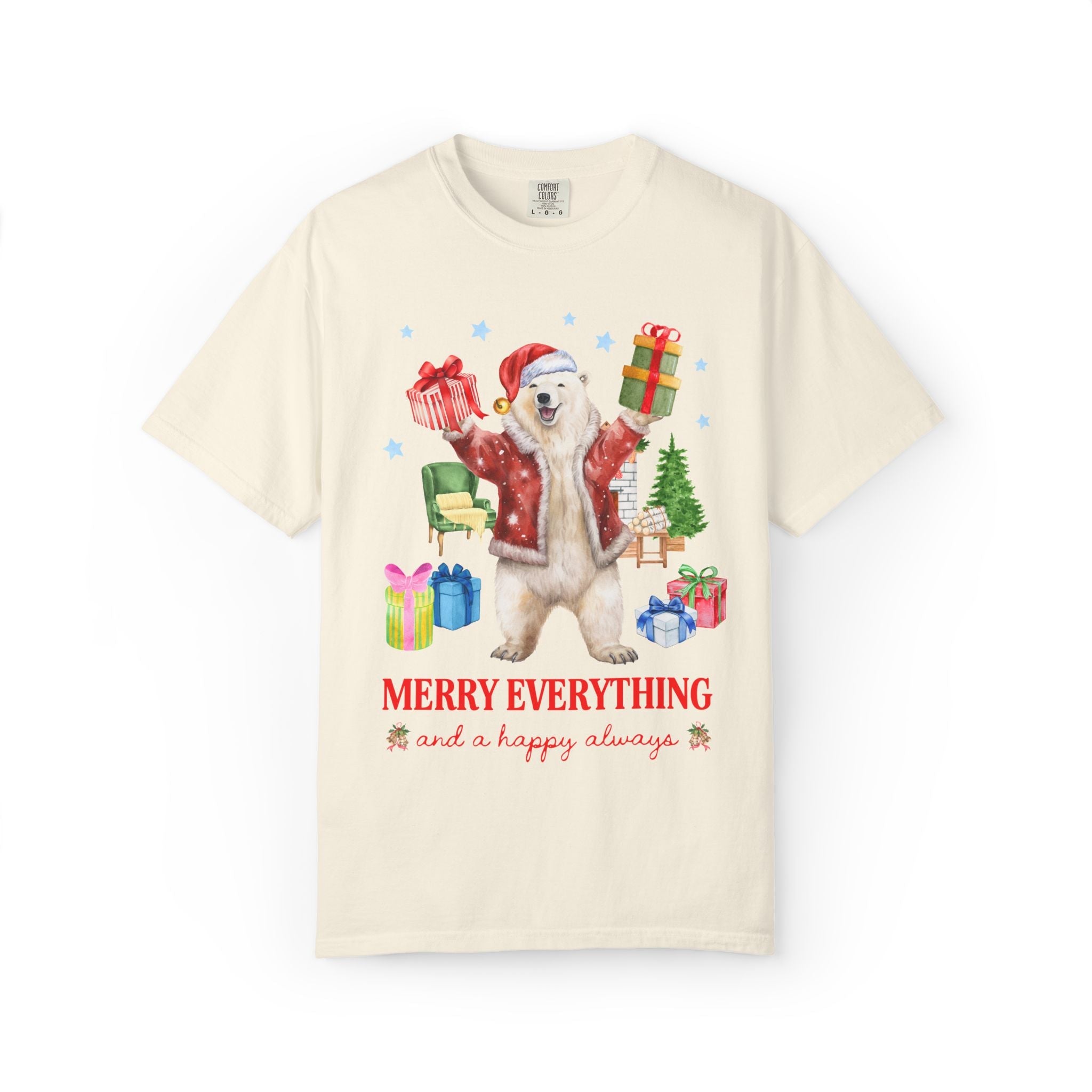 Kitschy Animal Lover Christmas Tee Shirt with Polar Bear Holding Presents: Merry Everything and a Happy Always, Silly Maximalist Xmas Tee - Opal and June