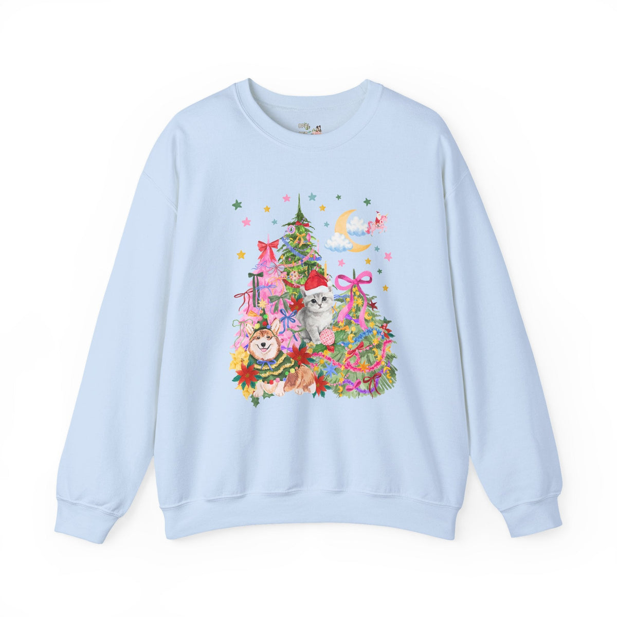 Kitschy Christmas Sweatshirt with with Corgi and Kitten: Funny Nostalgic 90s Aesthetic Xmas Crewneck for Animal Lover, Eclectic Holiday Shirt with Stars - Opal and June