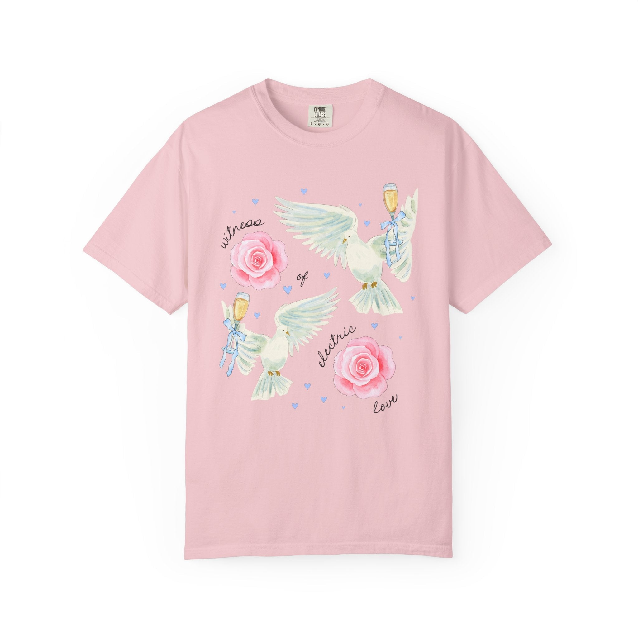 Kitschy Wedding Weekend Tee Shirt for Bachelorette Party, Matching Bride and Bridesmaids T-Shirt with Doves and Flowers: Struck By Love - Opal and June