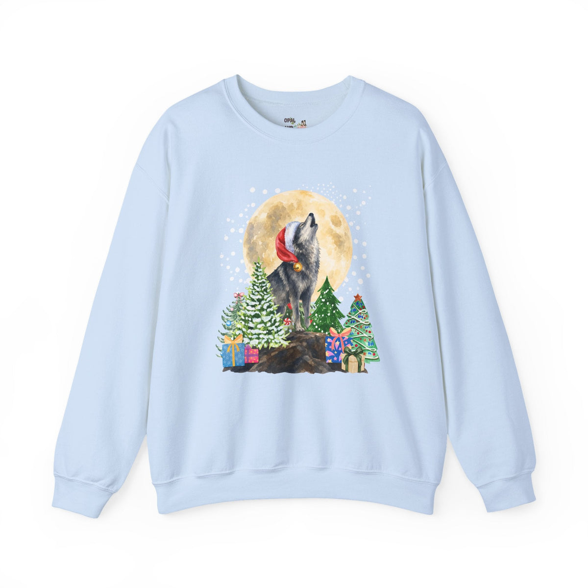 Kitschy Wolf Christmas Sweatshirt for Animal Lover, Maximalist Funny Wolf Sweatshirt of a Wolf Wearing a Santa Hat, Silly Goblincore Holiday Xmas Crewneck - Opal and June