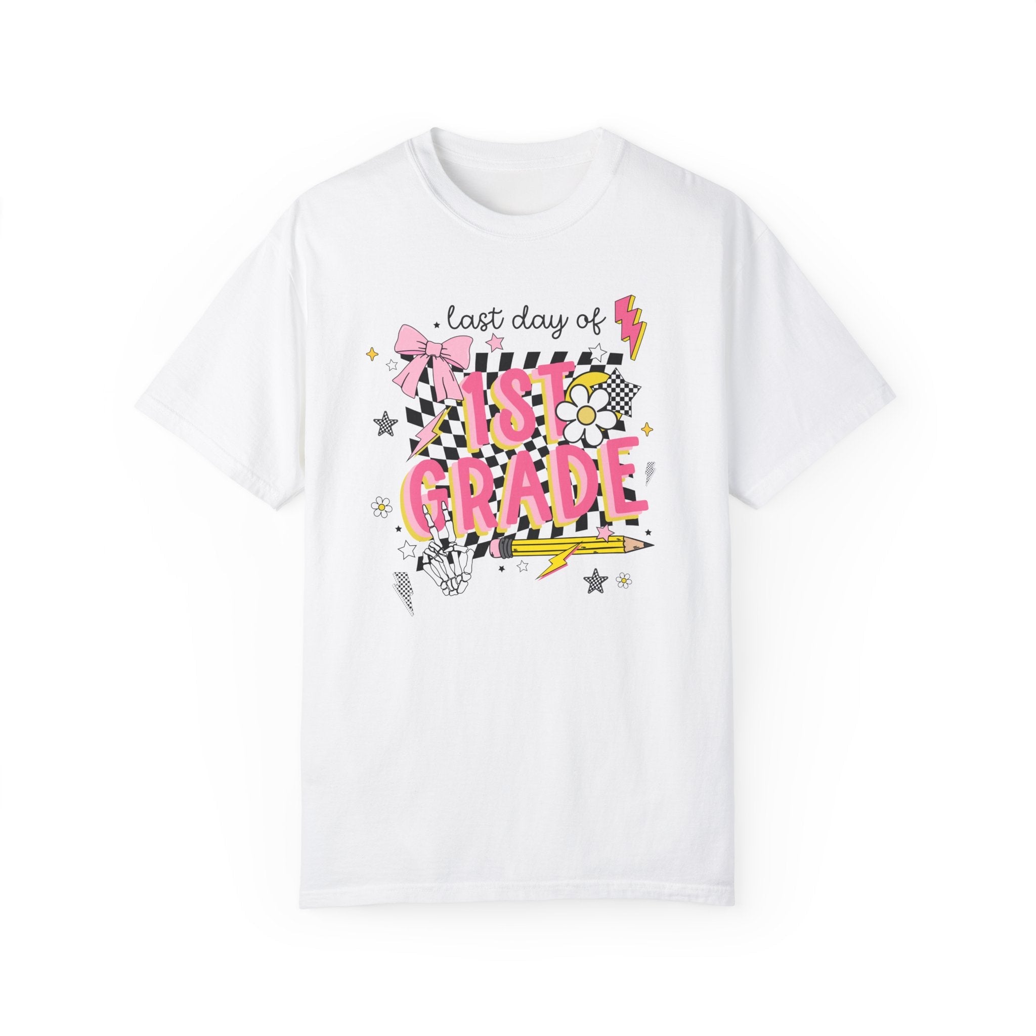 Last Day of First Grade Tee Shirt, First Grade Teacher, Colorful Early 2000s Aesthetic Tee, Skeleton Hands, Class Dismissed, School's Out - Opal and June