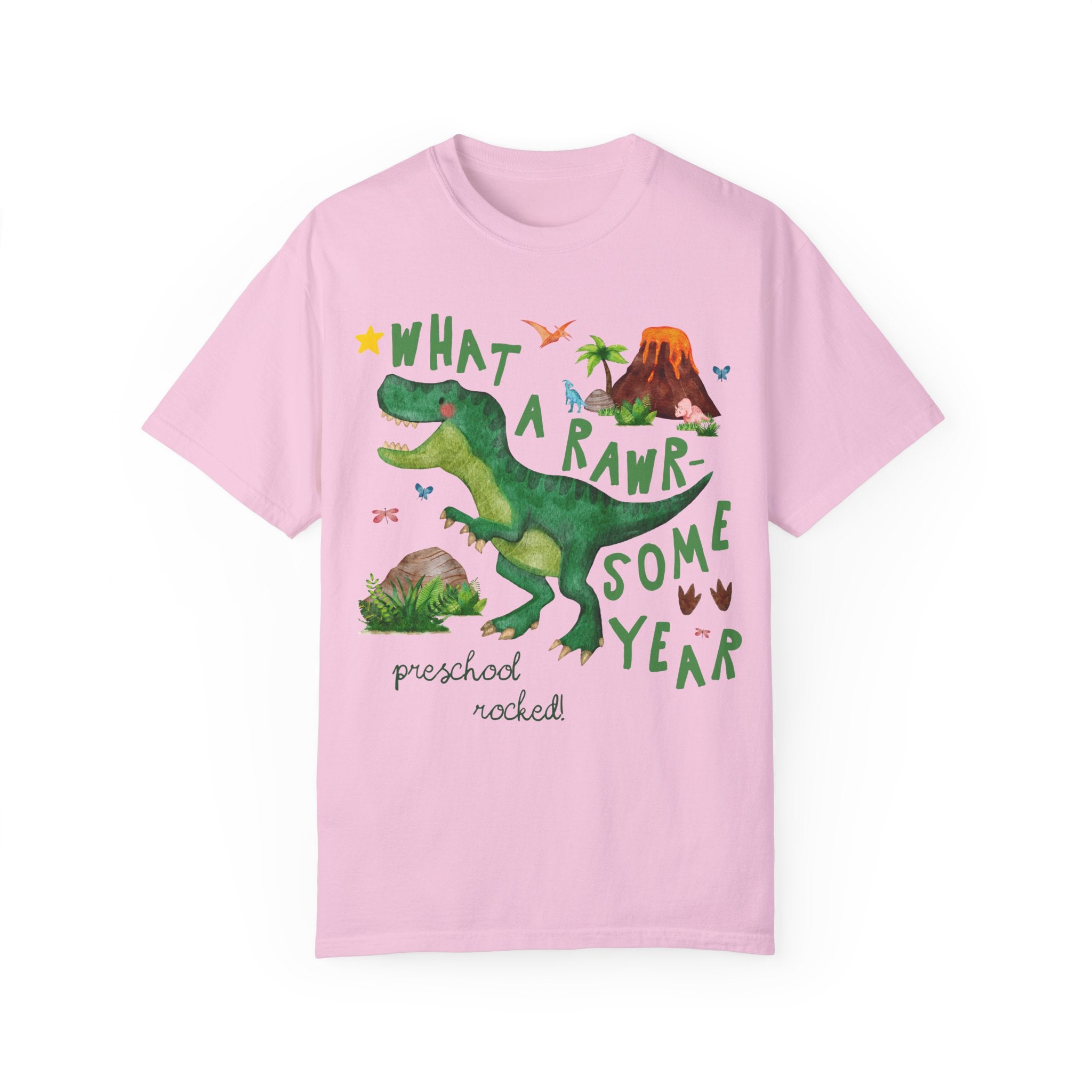 Last Day of School Preschool Teacher Tee Shirt with Dinosaur: What a Rawr - Some Year! Funny Saying Class Dismissed T-Shirt for Preschool Crew - Opal and June