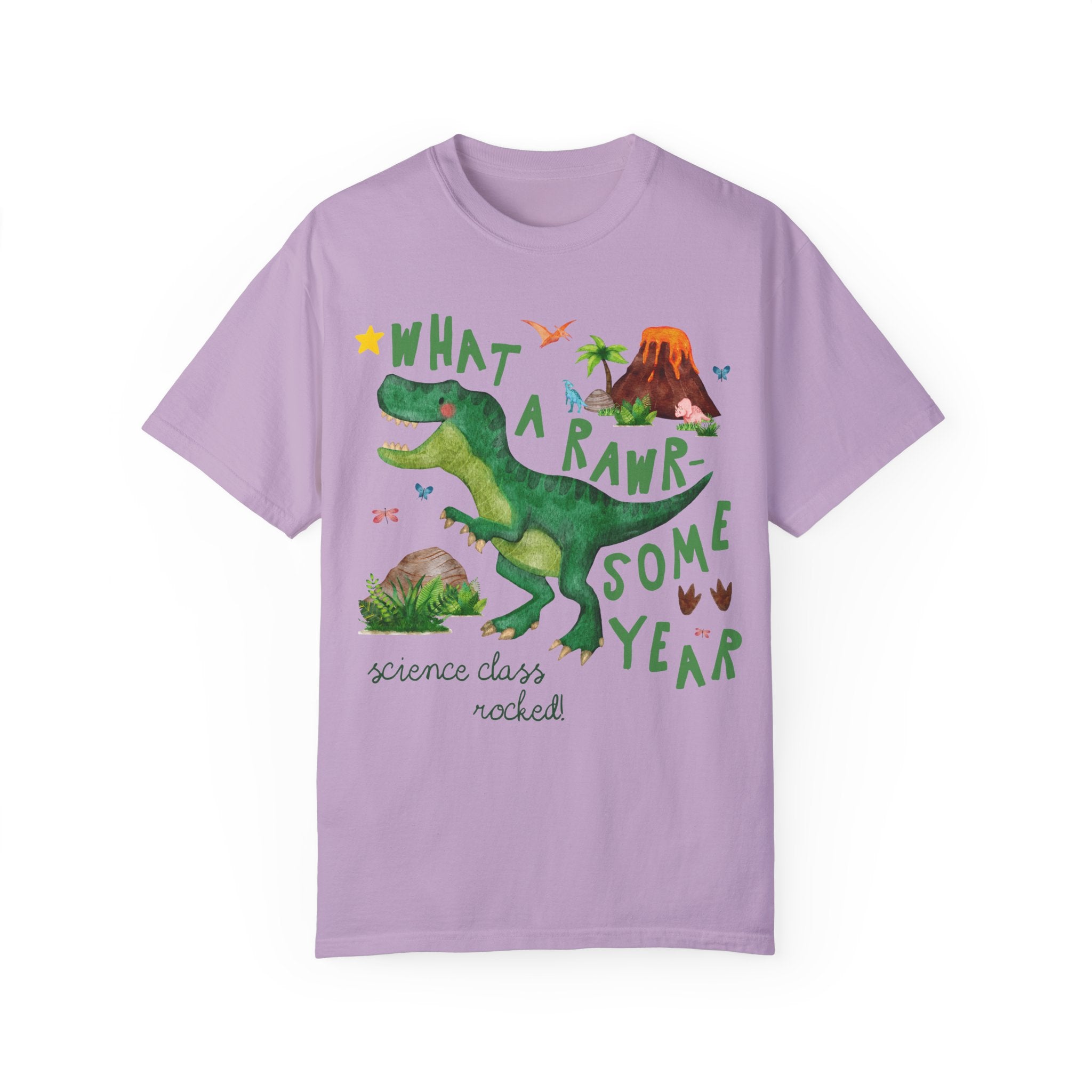 Last Day of School Science Teacher Tee Shirt with Dinosaur: What a Rawr - Some Year! Funny Saying Class Dismissed Tee for Science Department - Opal and June