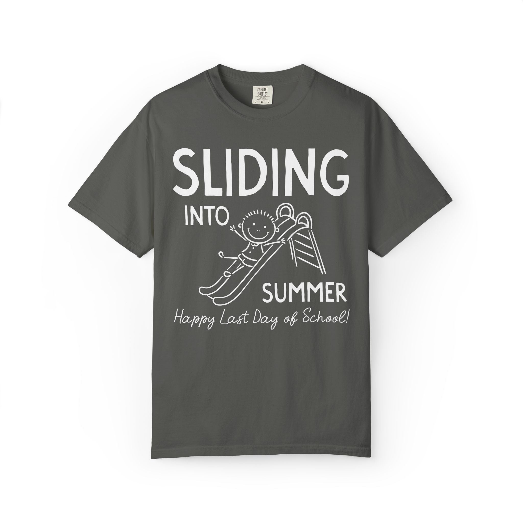 Last Day of School Teacher Tee Shirt for High School Teacher, Silly Middle School Teacher End of School Year Tee: Sliding Into Summer - Opal and June