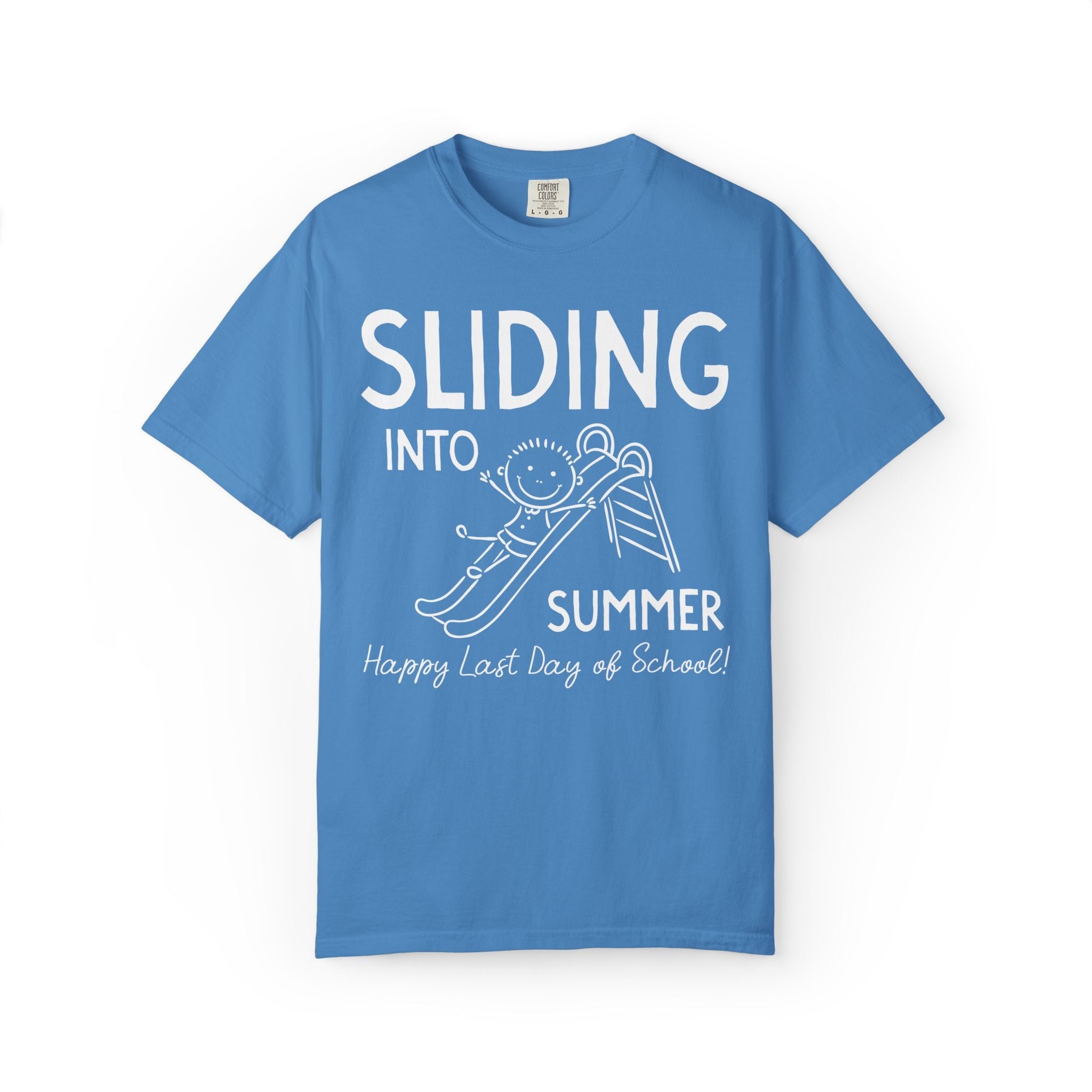 Last Day of School Teacher Tee Shirt for High School Teacher, Silly Middle School Teacher End of School Year Tee: Sliding Into Summer - Opal and June