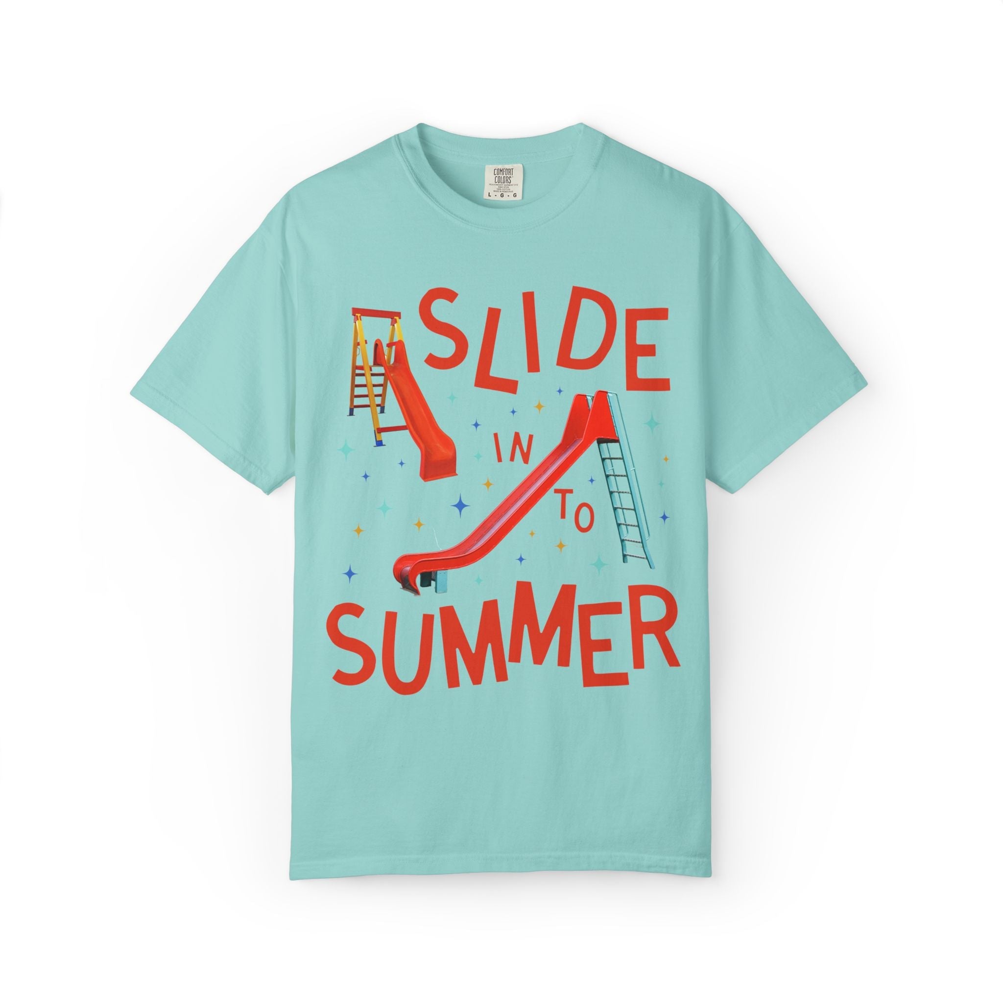 Last Day of School Teacher Tee Shirt: Slide Into Summer | Funny Colorful Maximalist 90s Aesthetic End of School Year T-Shirt with Slides - Opal and June