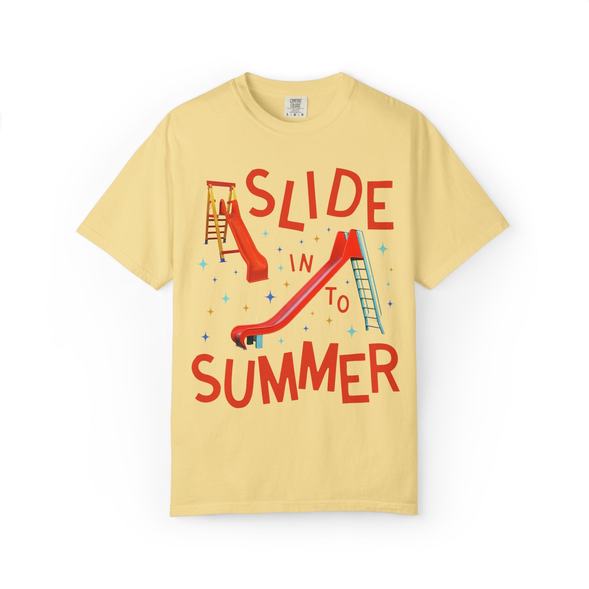 Last Day of School Teacher Tee Shirt: Slide Into Summer | Funny Colorful Maximalist 90s Aesthetic End of School Year T-Shirt with Slides - Opal and June