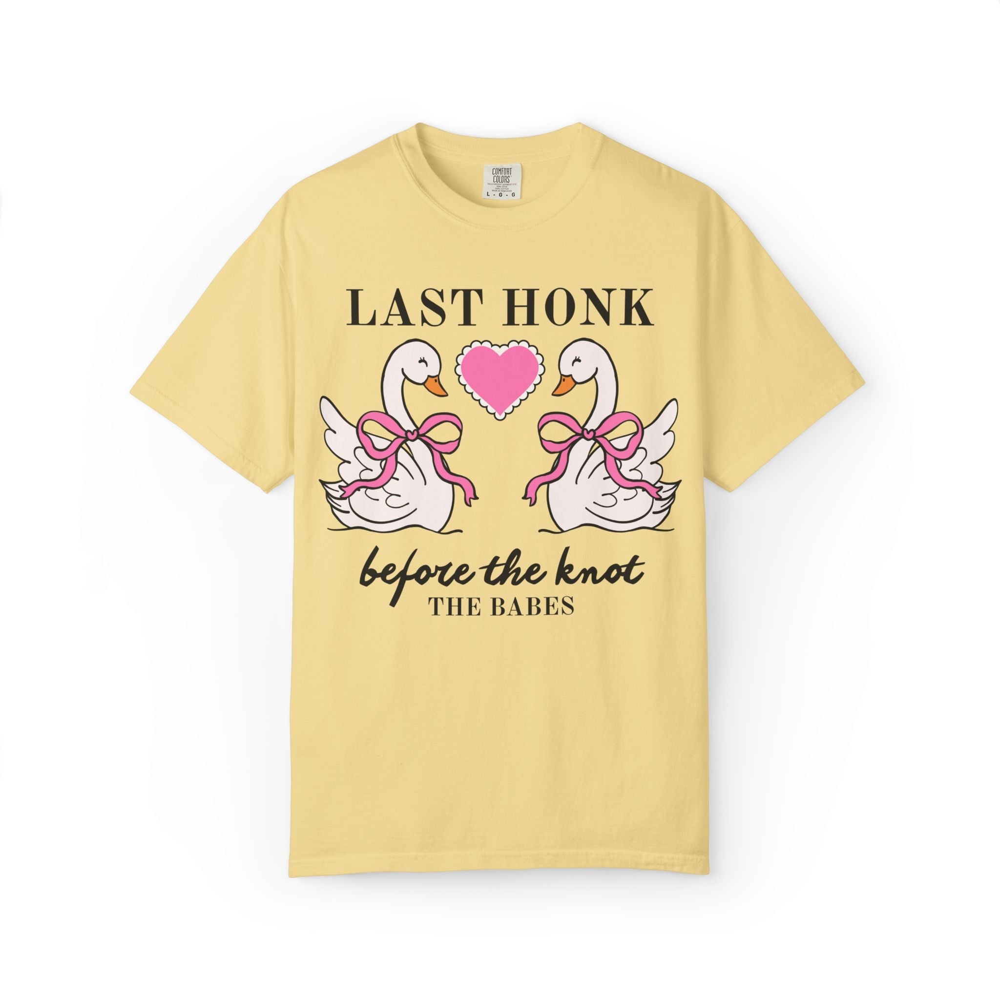 Last Honk Before the Knot: Cute Animal Lover Bachelorette Party Matching T-Shirt with Swans, Matching Bridal Party Shirt with Heart and Bows - Opal and June