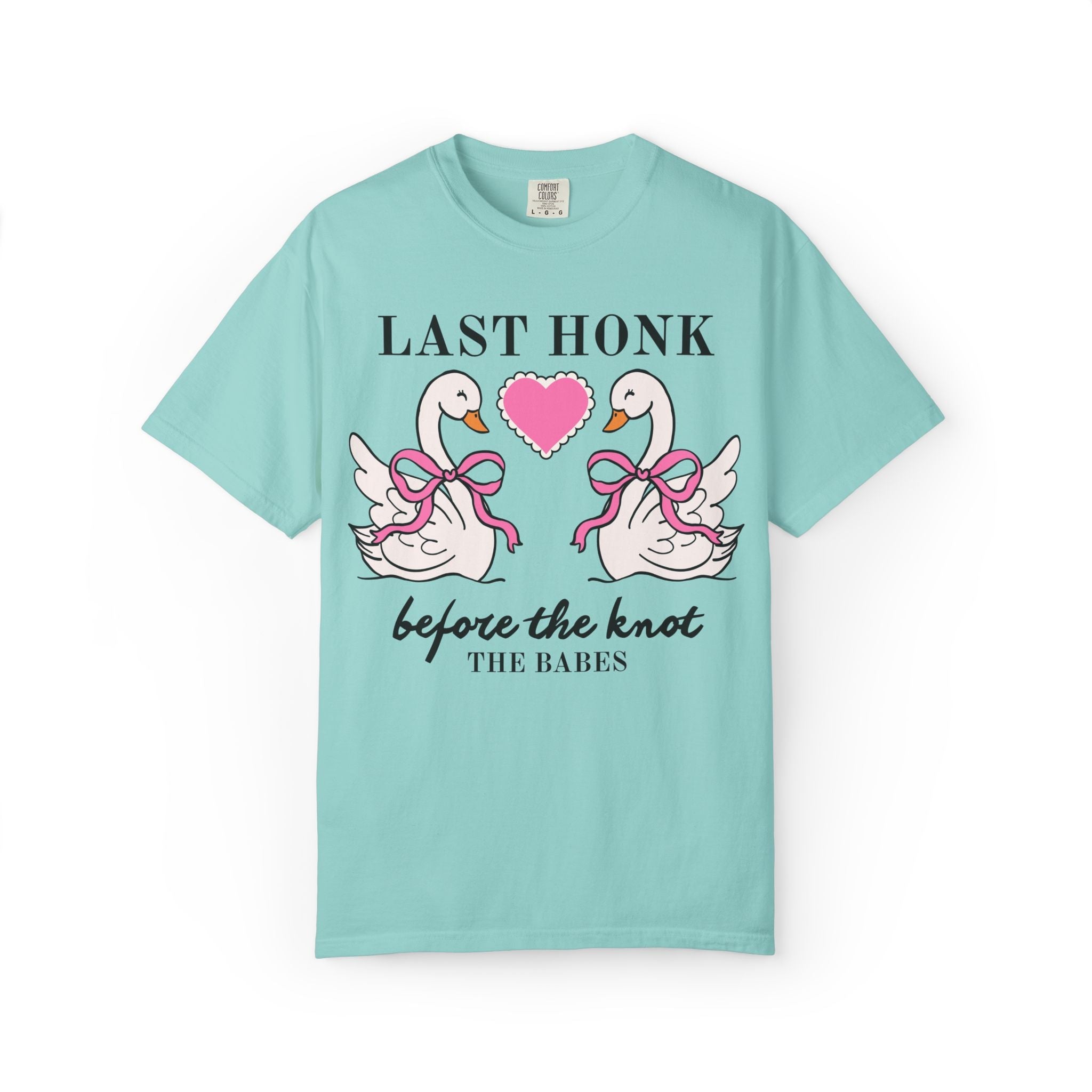Last Honk Before the Knot: Cute Animal Lover Bachelorette Party Matching T-Shirt with Swans, Matching Bridal Party Shirt with Heart and Bows - Opal and June