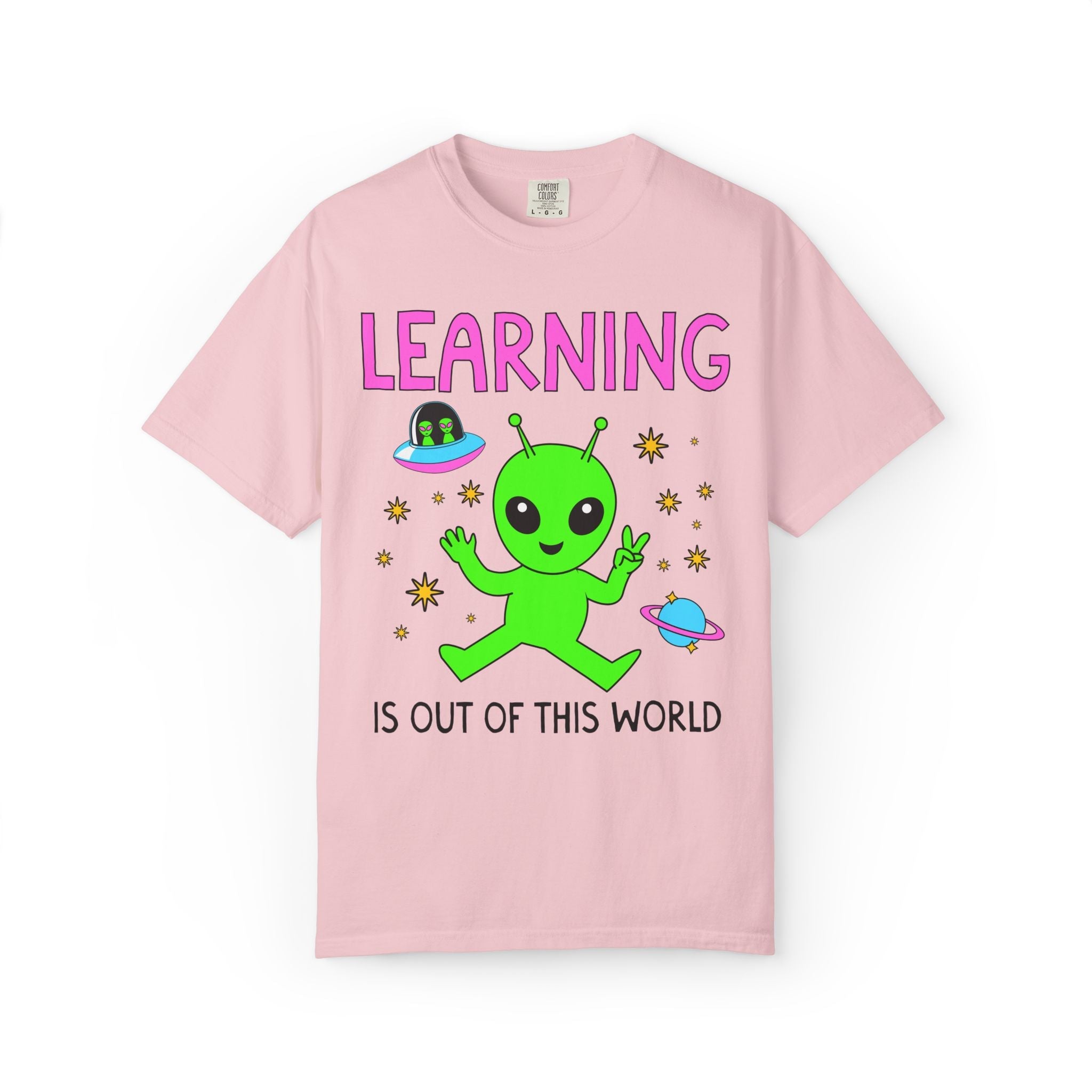 Learning is Out of This World: Colorful Maximalist Alien Lover T-Shirt for Back to School, Matching Teacher Tee for First Day of School - Opal and June