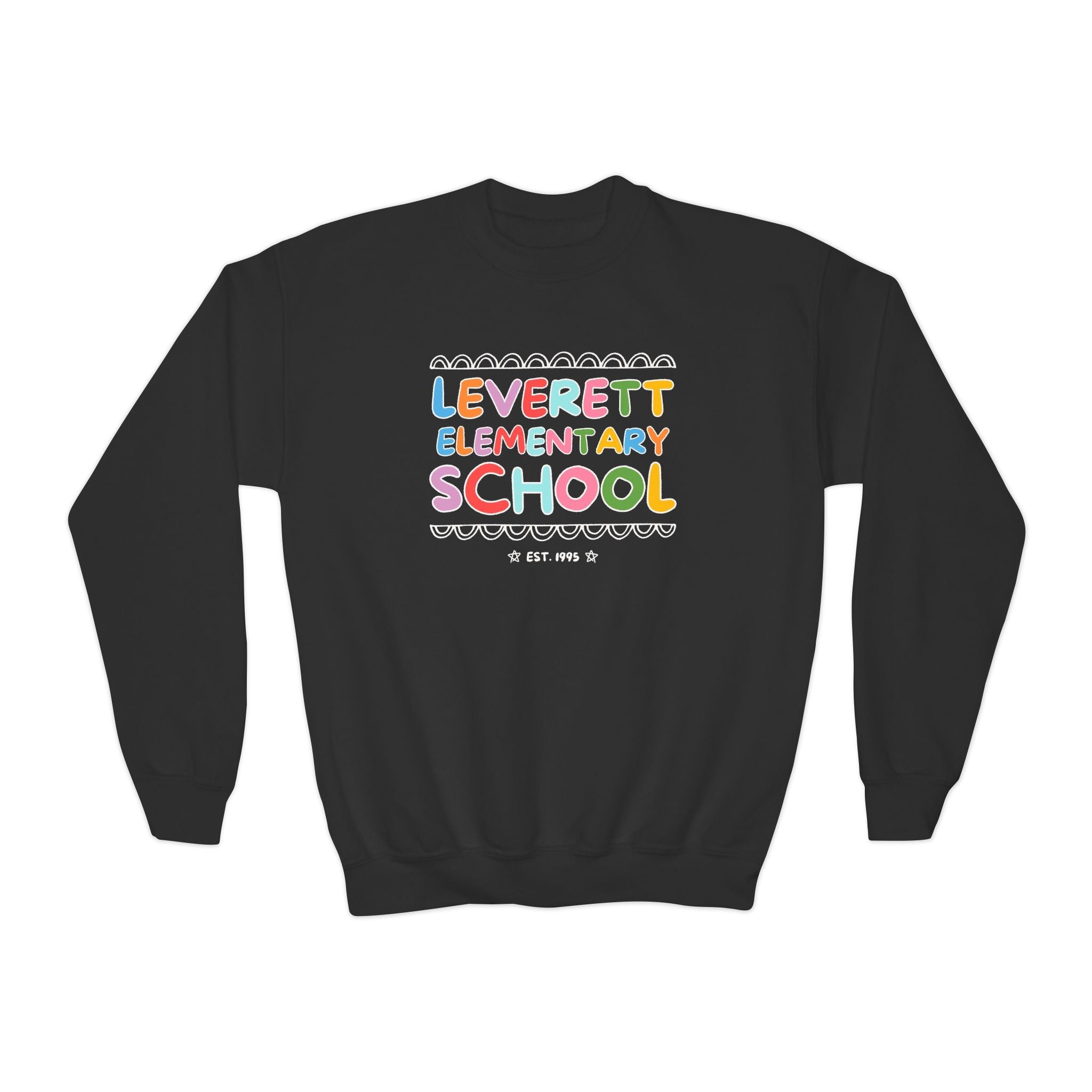 Leverett Elementary School Kids Sweatshirt: Rainbow Letters - Opal and June
