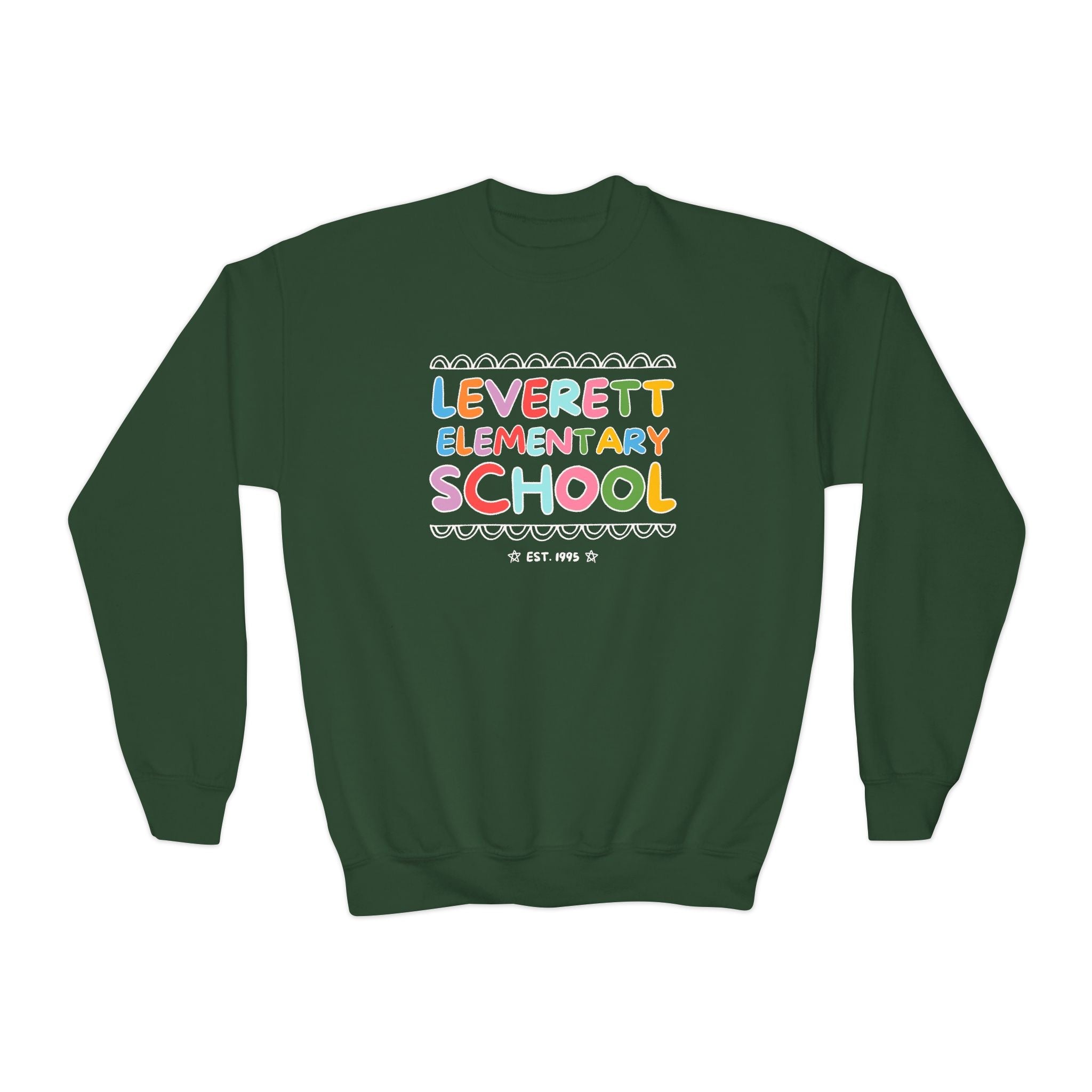 Leverett Elementary School Kids Sweatshirt: Rainbow Letters - Opal and June