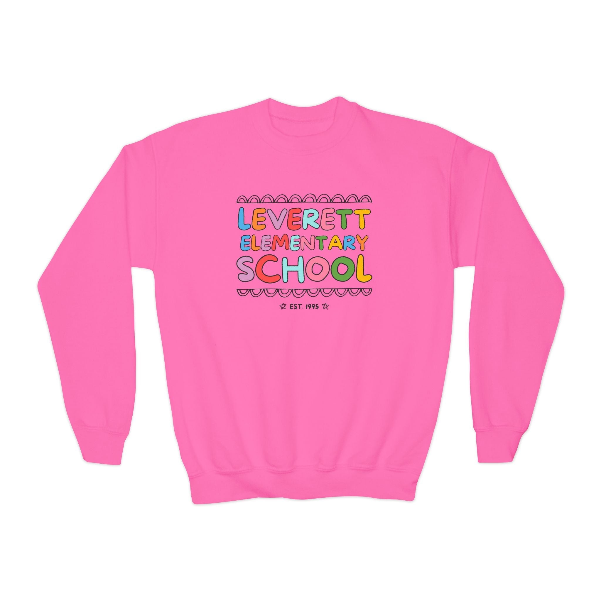 Leverett Elementary School Kids Sweatshirt: Rainbow Letters - Opal and June