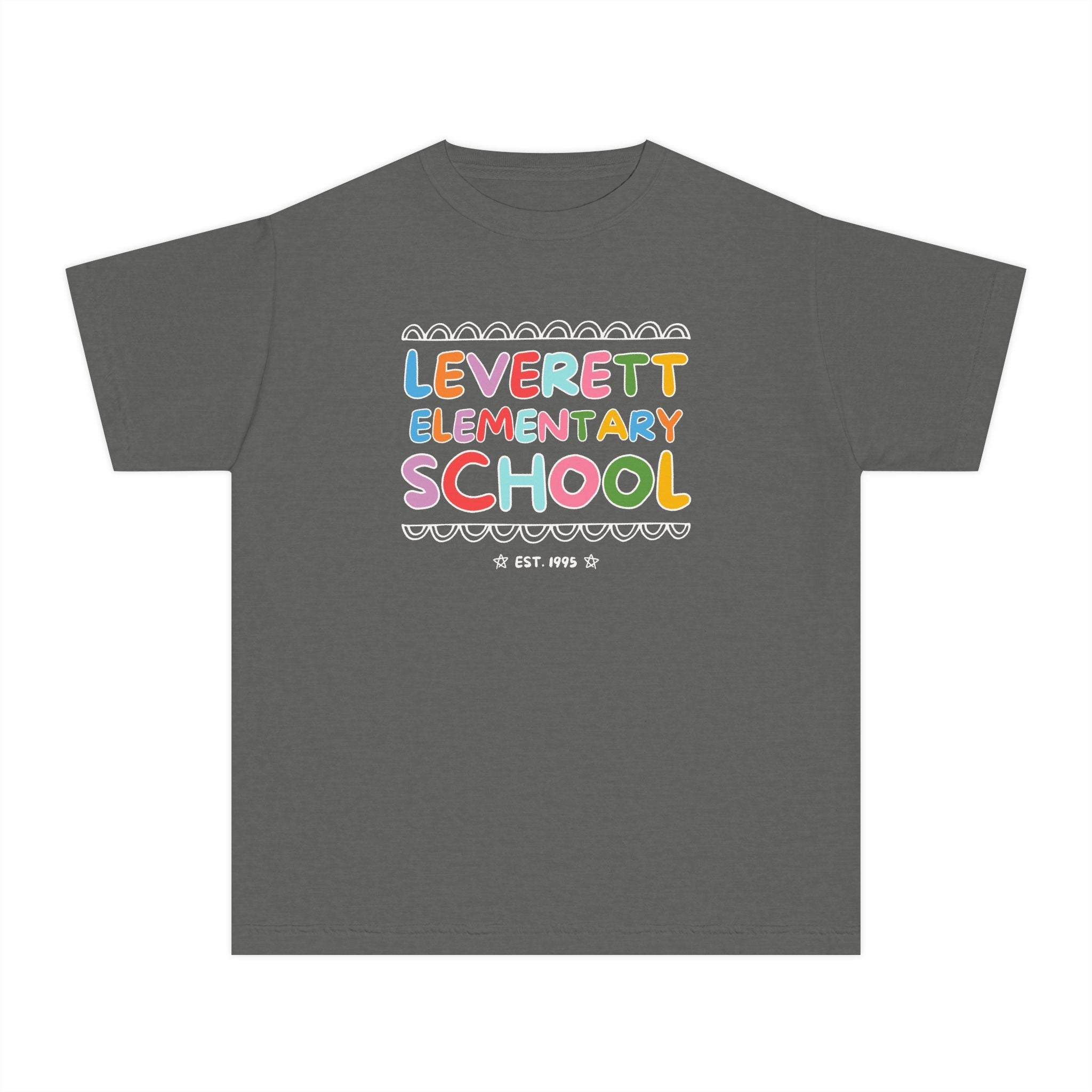 Leverett Elementary School Kids Tee Shirt: Rainbow Letters - Opal and June