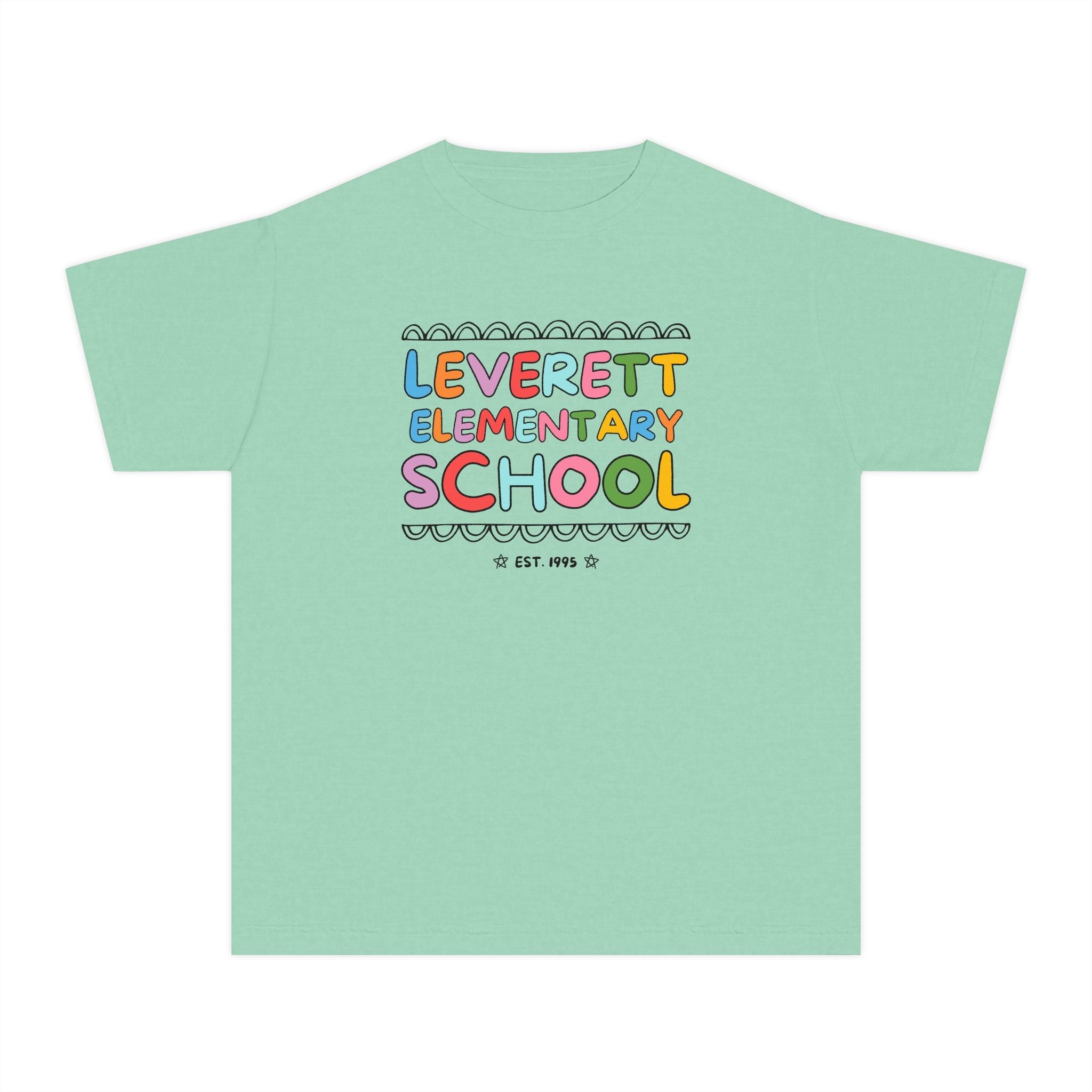 Leverett Elementary School Kids Tee Shirt: Rainbow Letters - Opal and June