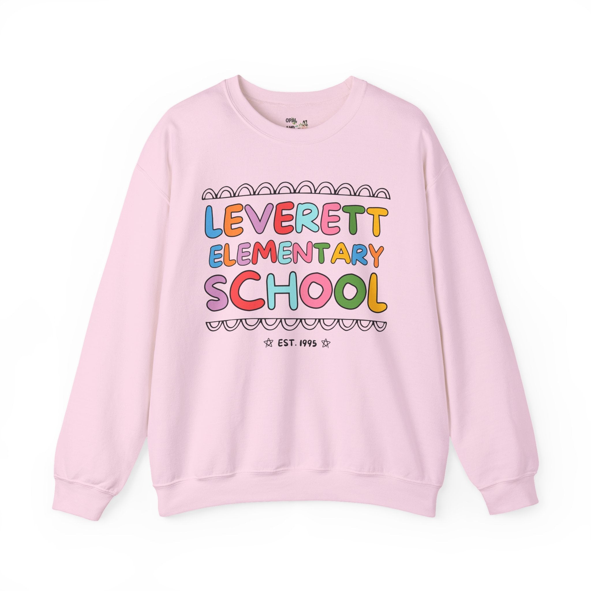 Leverett Elementary School Sweatshirt: Rainbow Letters | FPS + Opal and June Sweatshirt, Fayetteville Public Schools - Opal and June