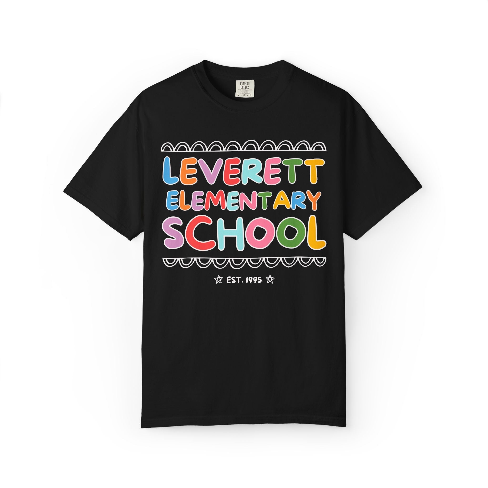 Leverett Elementary School Tee Shirt: Rainbow Letters - Opal and June