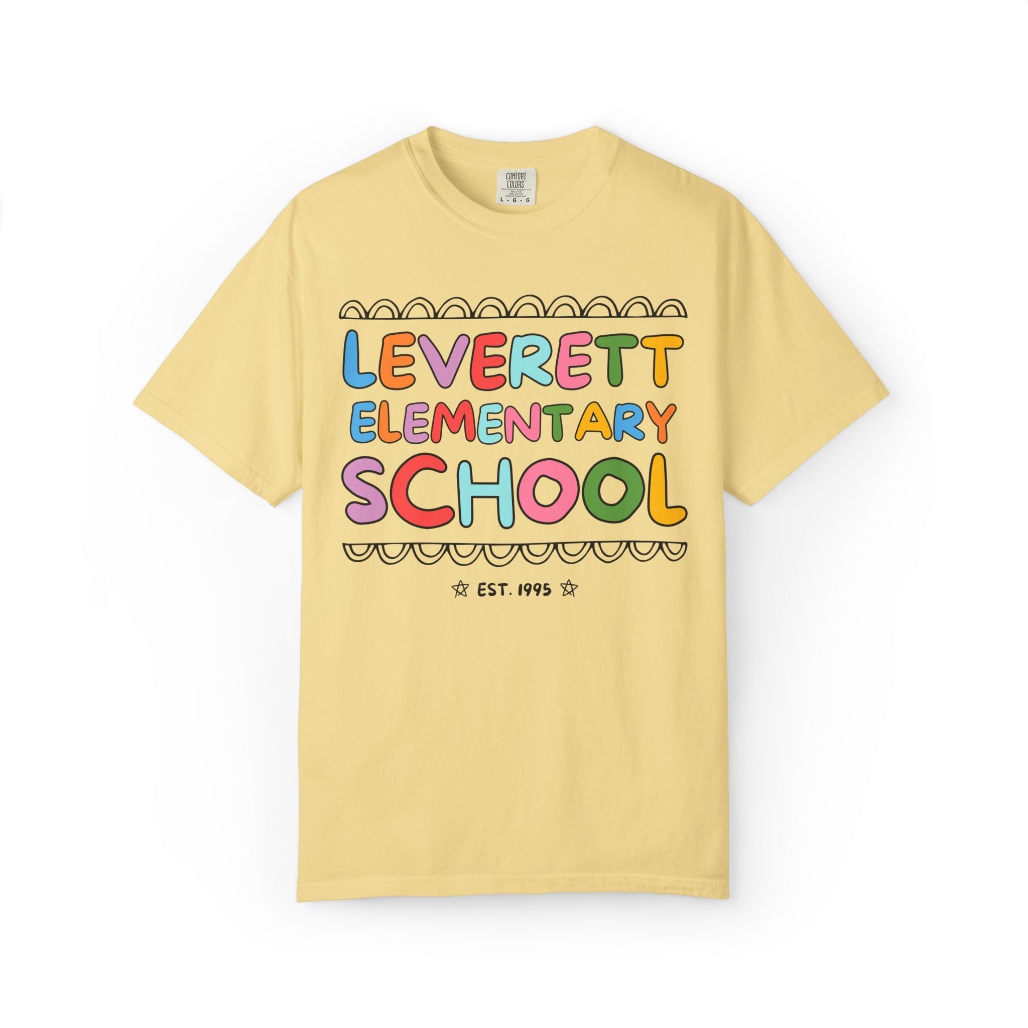 Leverett Elementary School Tee Shirt: Rainbow Letters - Opal and June