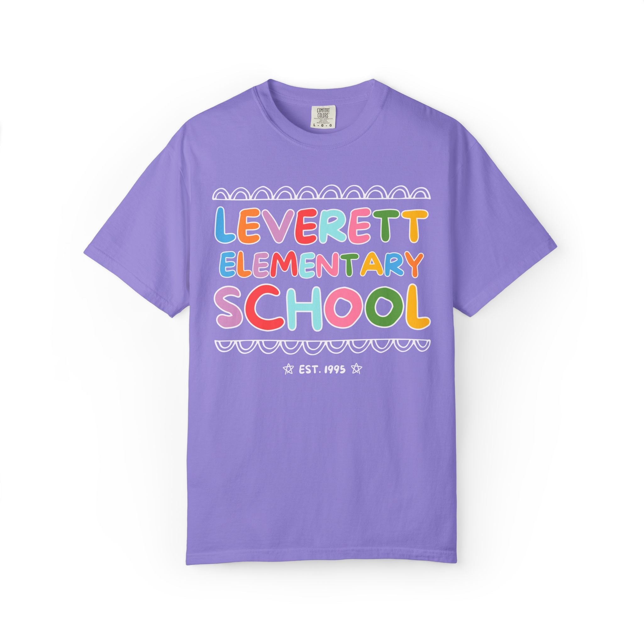 Leverett Elementary School Tee Shirt: Rainbow Letters - Opal and June