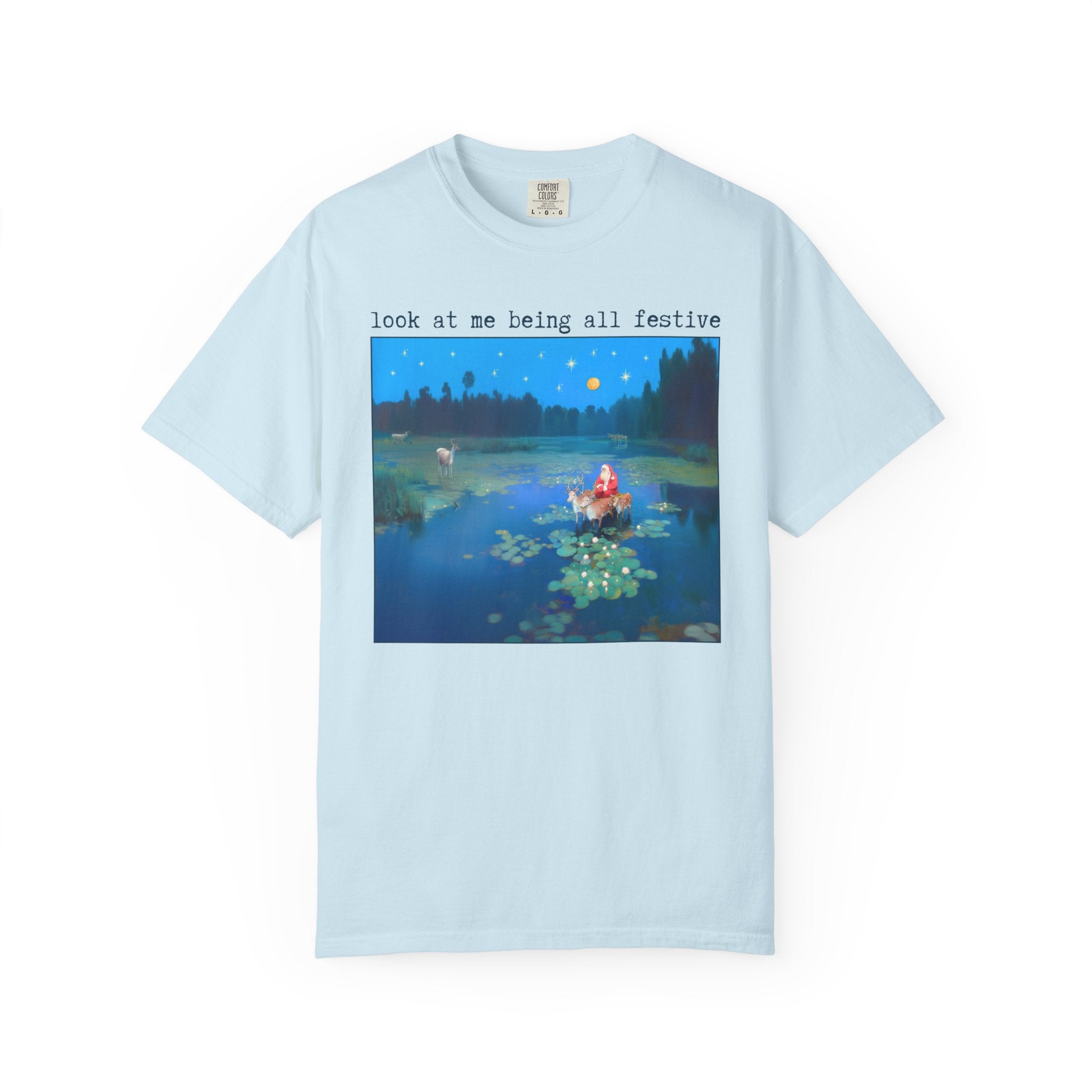 Look at Me Being All Festive: Silly Cottagecore Xmas Shirt of Santa Standing in Water Lilies Inspired by Claude Monet, Colorful Maximalist - Opal and June