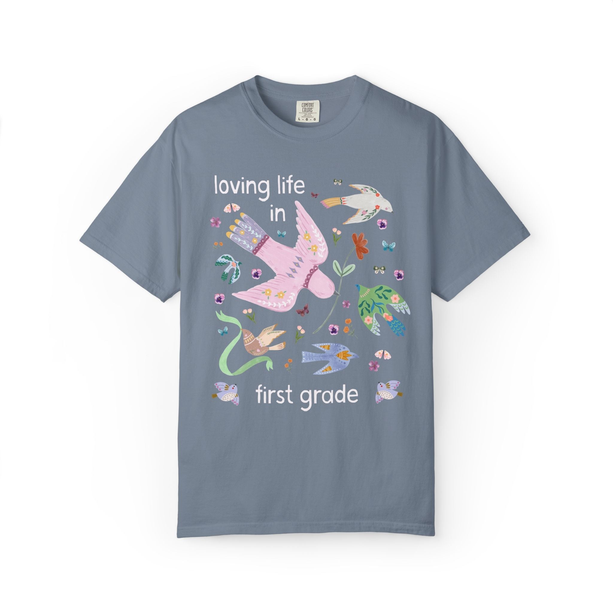 Loving Life in First Grade: Matching Teacher Team T-Shirt with Cottagecore Floral Doves, Cute Animal Lover, Bird Lover Paraprofessional Tee - Opal and June